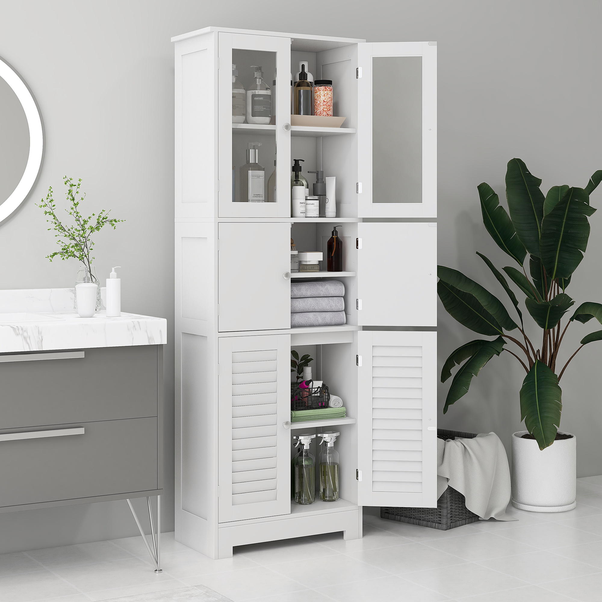  Freestanding Bathroom Cabinet with Glass/Louvred Doors, Tall Bathroom Storage Cabinet with Adjustable Shelf, White