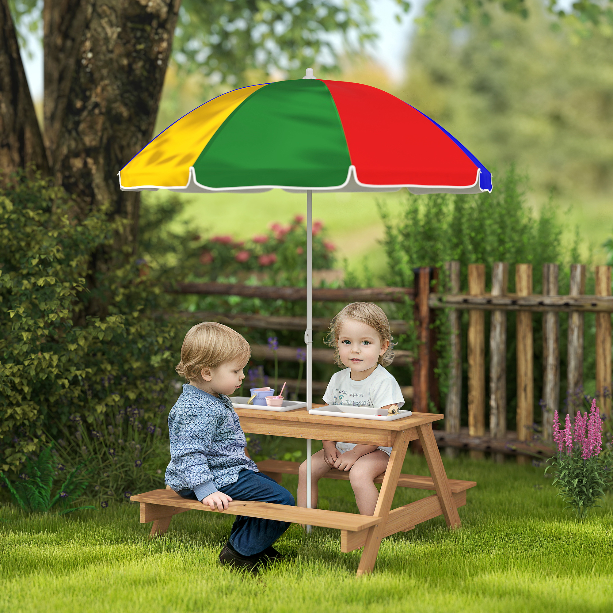 Wooden Outdoor Kids Picnic Table with Removable Umbrella, Children Sand and Water Activity Table for Patio, Mi