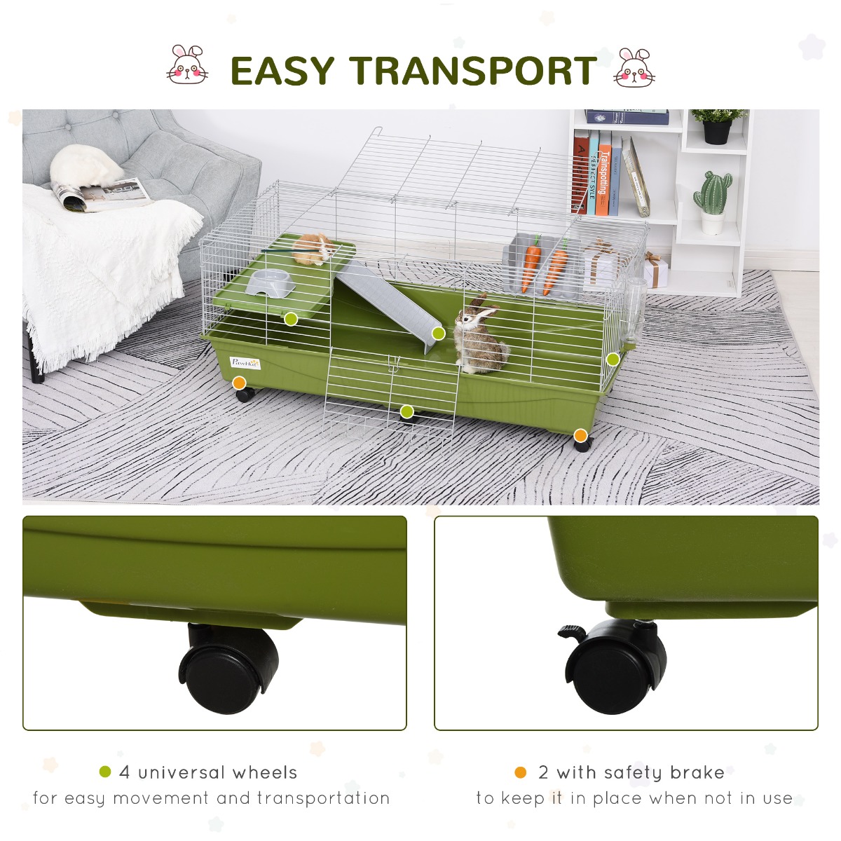  47" Small Animal Cage Chinchilla Guinea Pig Hutch Pet House with Platform Ramp, Food Dish, Wheels, & Water Bottle