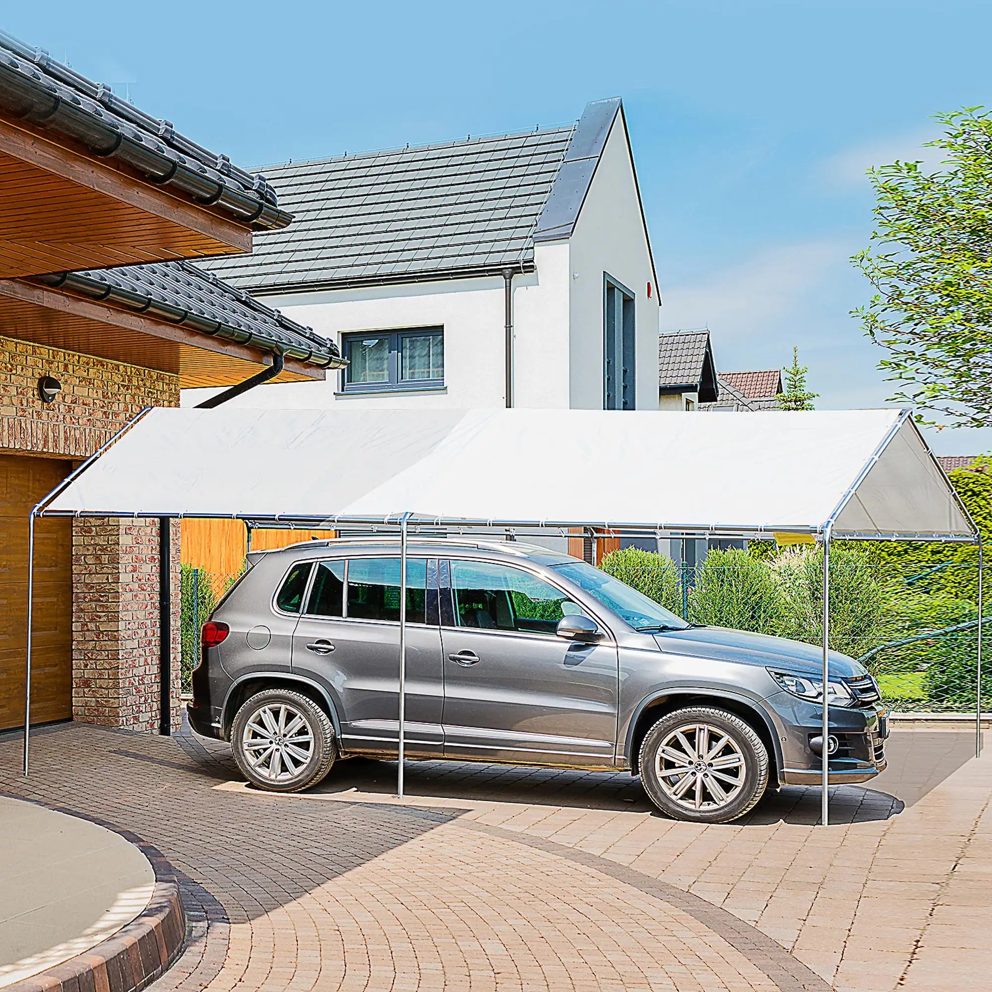 9.6 x 19.5 Carport Heavy Duty Galvanized Car Canopy w/ Included Anchor Kit, 3 Reinforced Steel Cables, White