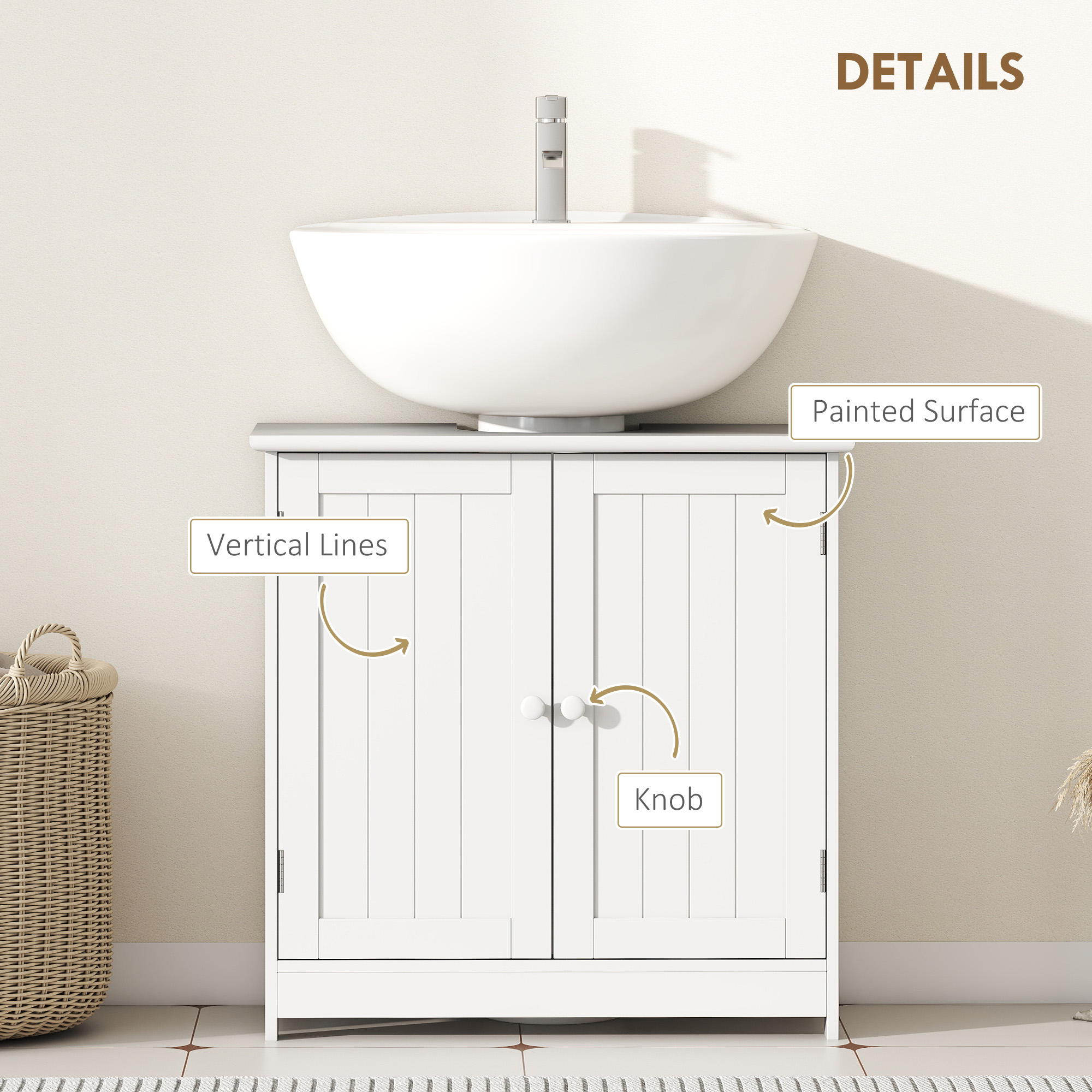 Under Sink Bathroom Cabinet, Pedestal Sink Storage Cabinet with 2 Doors, Shelf and U-Shape, White image 5