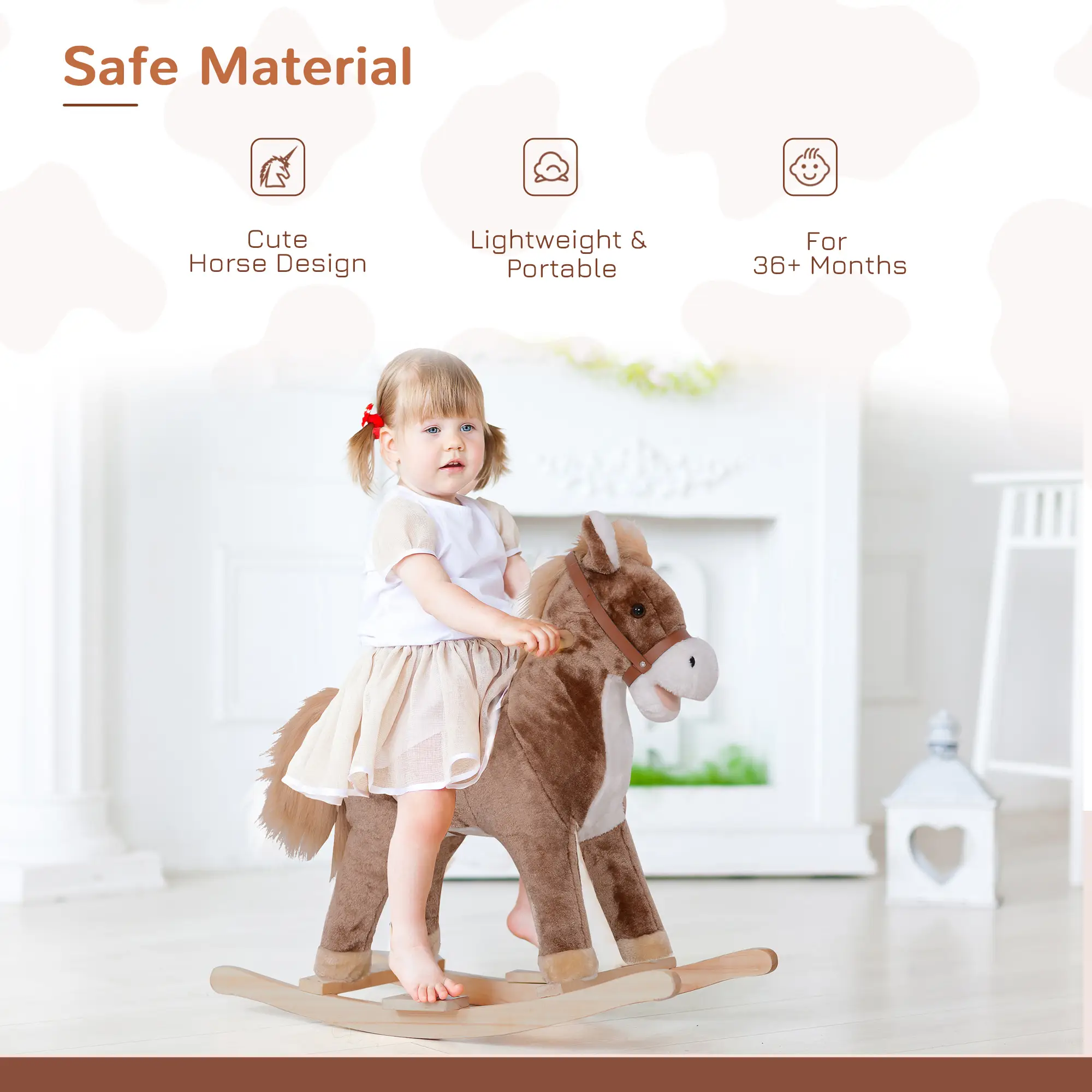 Kids Rocking Horse with Soft Plush Body, Wooden Base & Handle Grip for Years 3+
