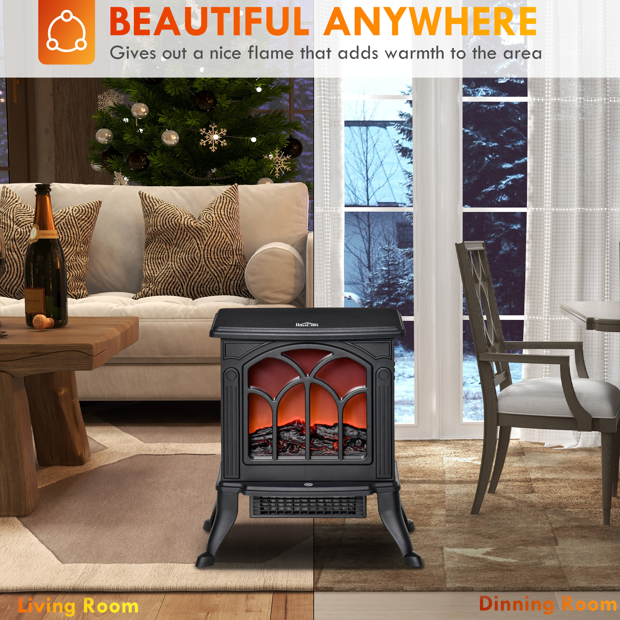  Electric Fireplace Heater, Freestanding Fireplace Stove with Realistic Logs and Flame Effect, 750W/1500W, Black image 6