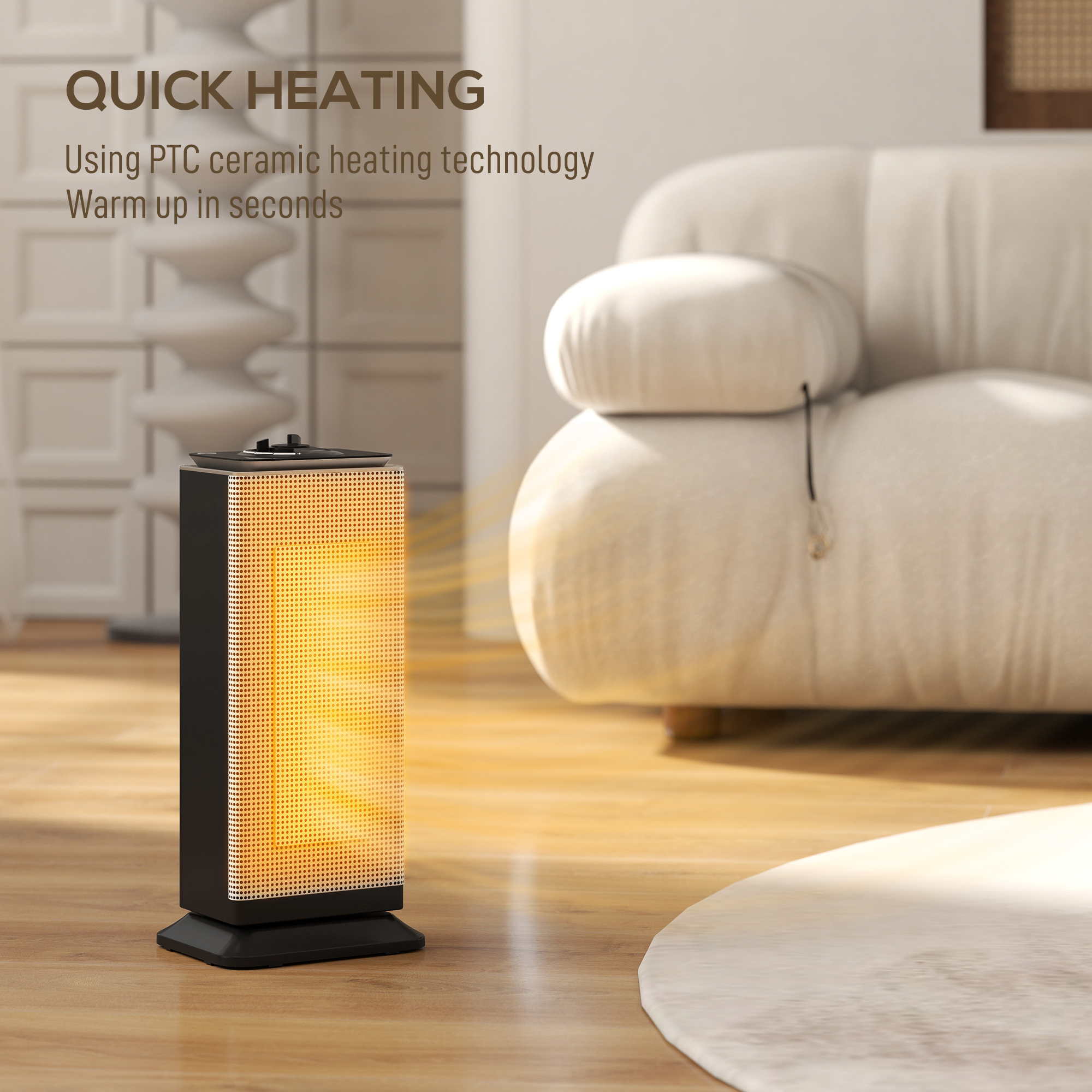 2000W Ceramic Electric Heater With Fan, Oscillation - Black — image 2