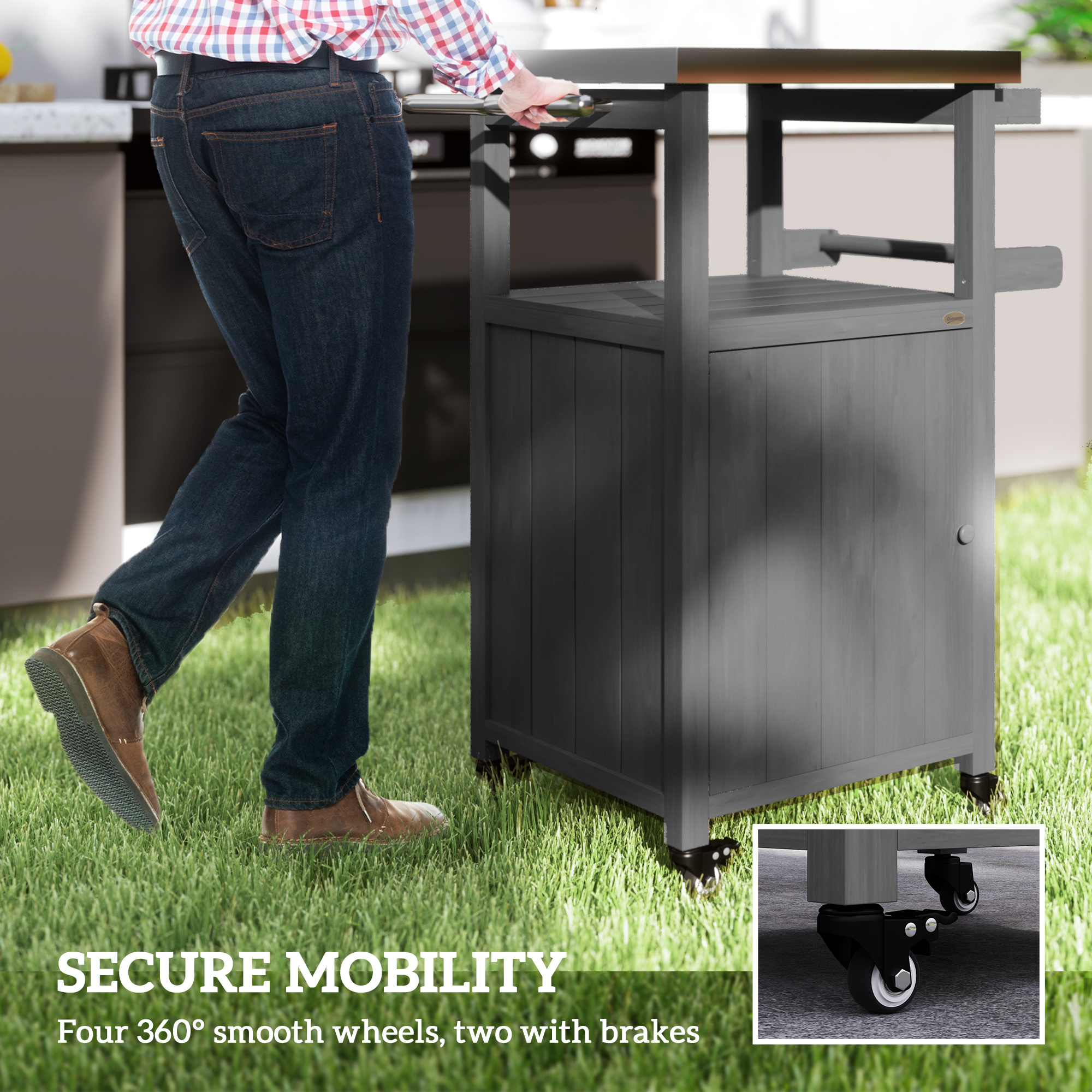 Outdoor Grill Cart with Stainless Steel Top, Solid Wood Outdoor Kitchen Island with Wheels, Integrated Hole, Dark Gray