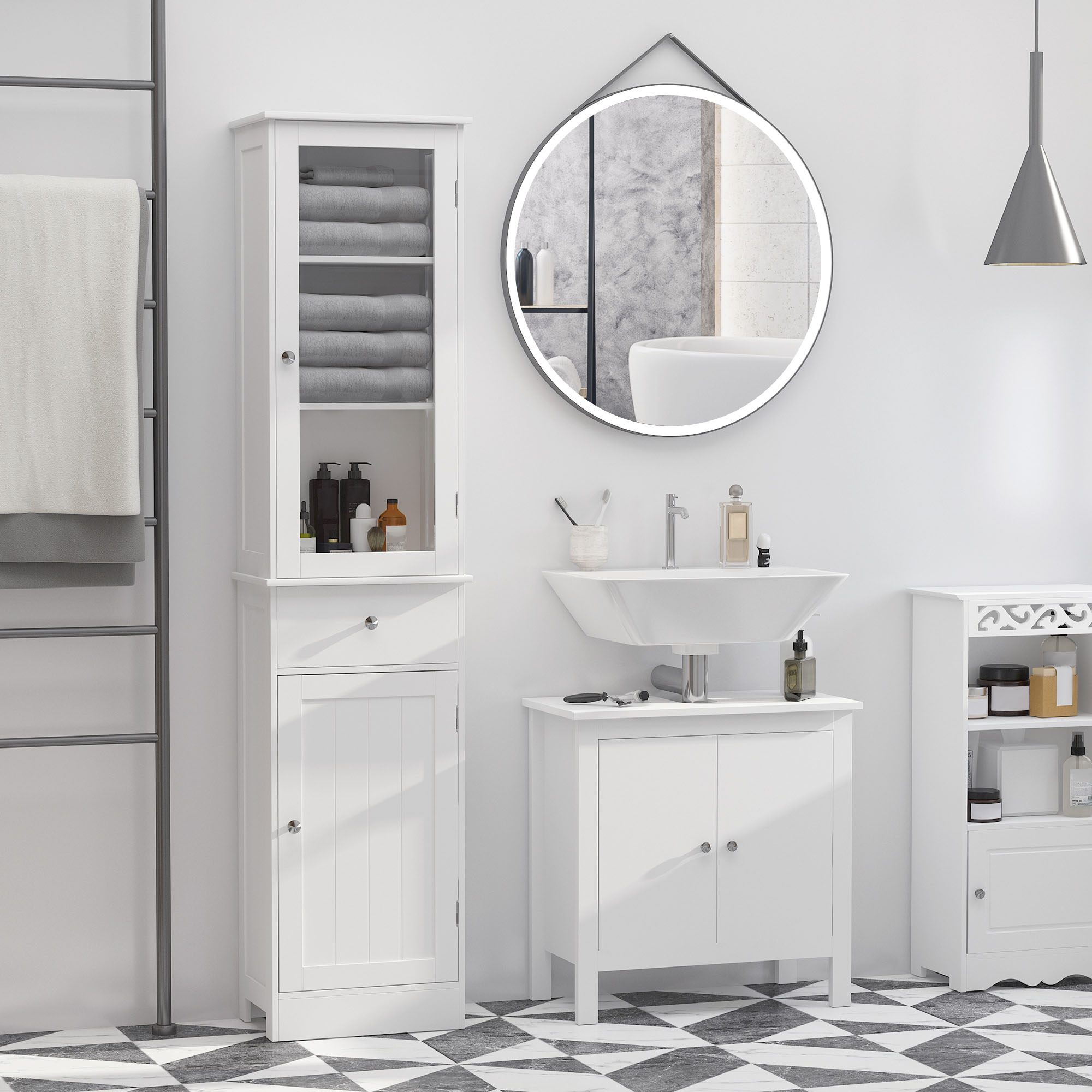  Slim Bathroom Storage Cabinet, Tall Bathroom Cabinet, Narrow Linen Tower with Acrylic Door, Drawer and Shelves, White
