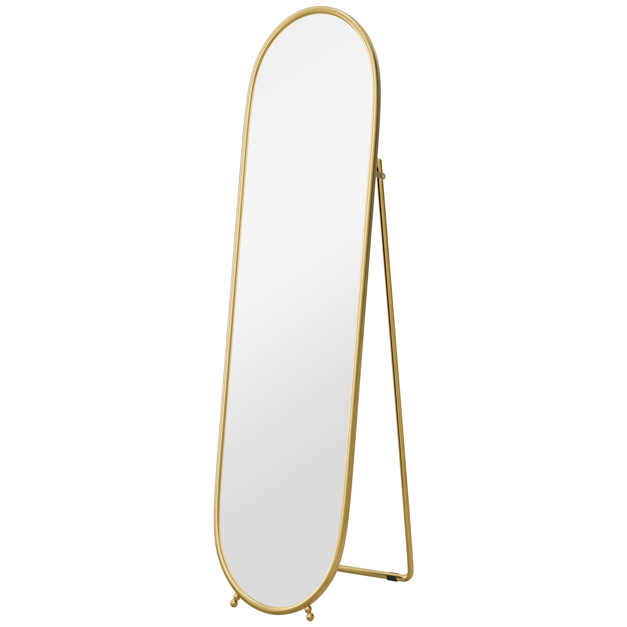 Oval full length floor mirror with slim gold metal A-frame leg and ball feet
