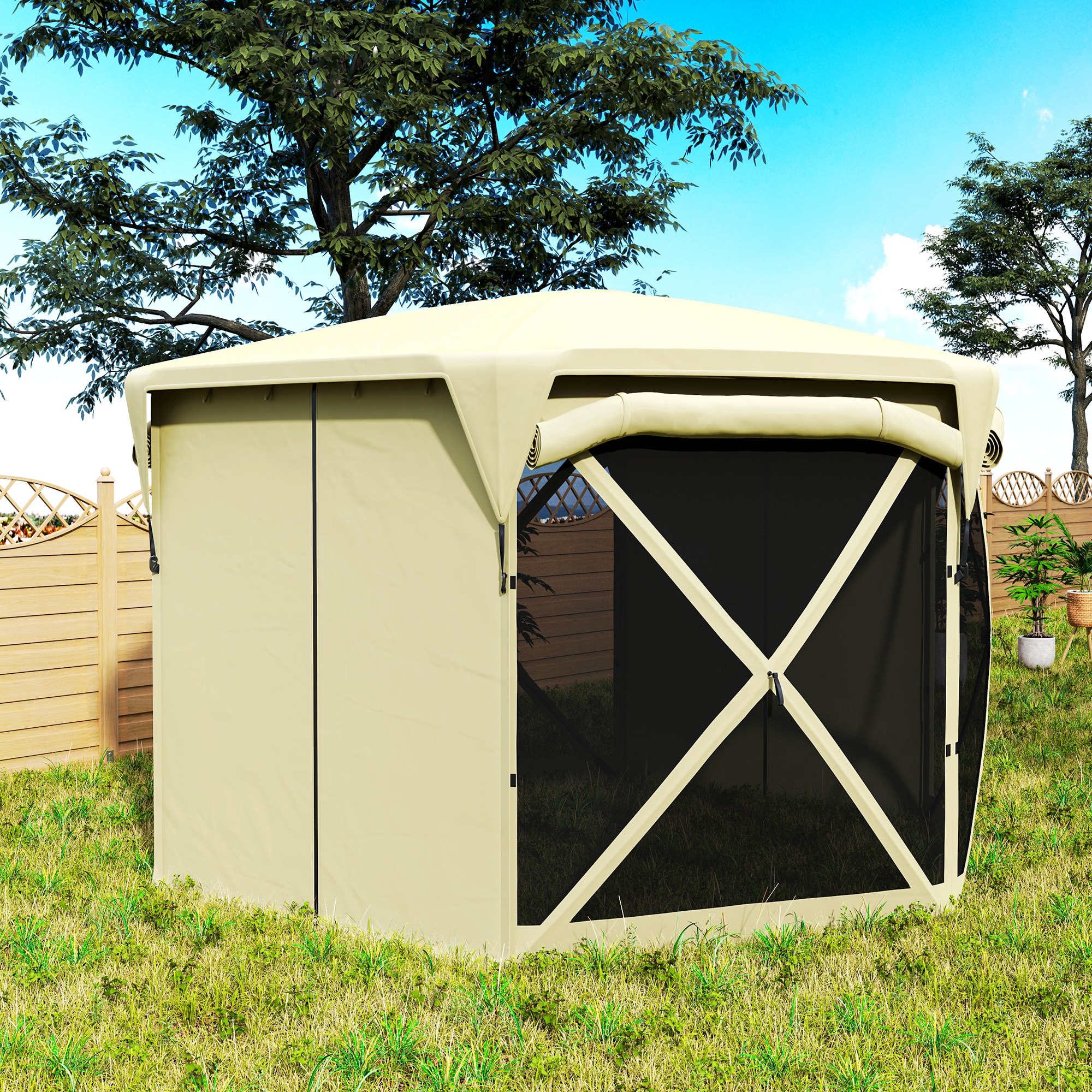 11 x 11ft Pop Up Gazebo Screen Tent with Removable Roof Cover, Roll-up Wind Panels for Camping, Backyard, Beige - Image 6