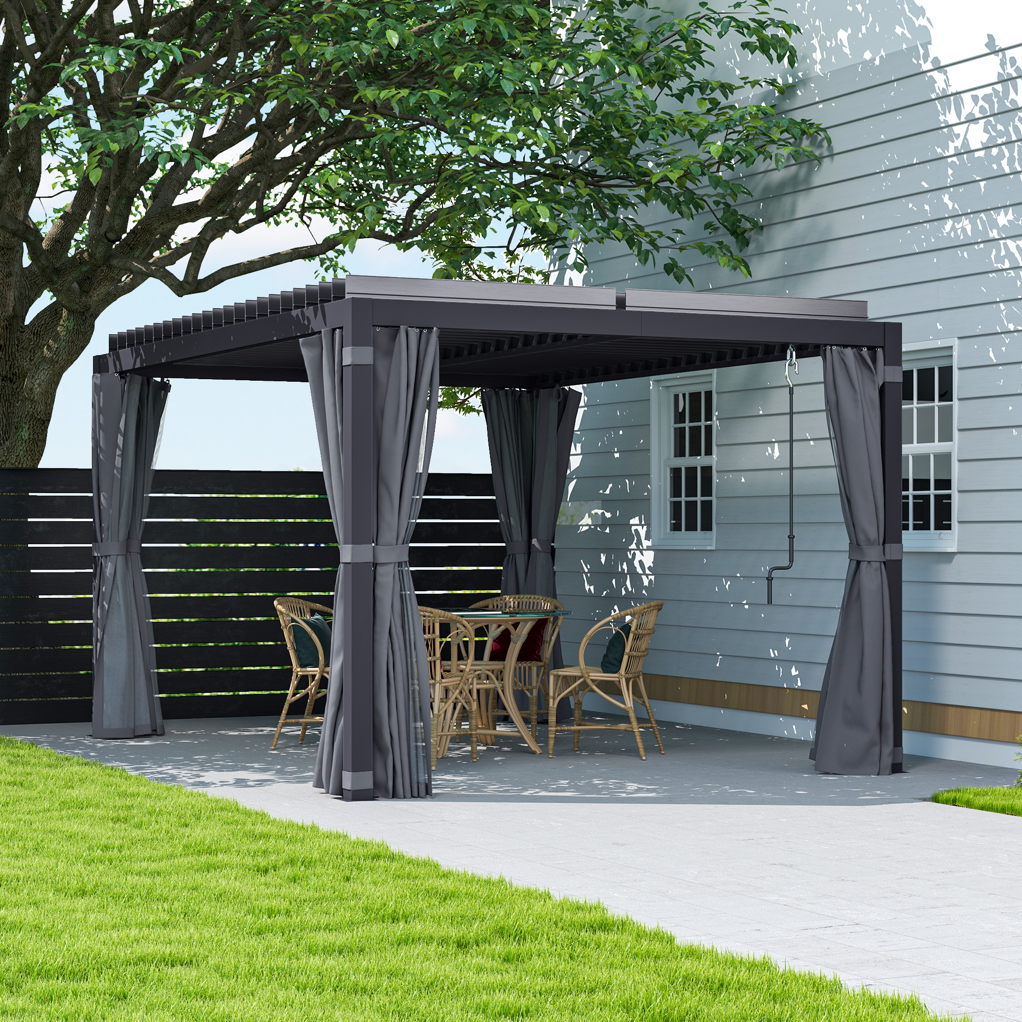 10 x 13 Outdoor Retractable Pergola w/ Sun Shade Louvered Top, Pergola w/ Canopy, Curtains, Netting, Dark Gray