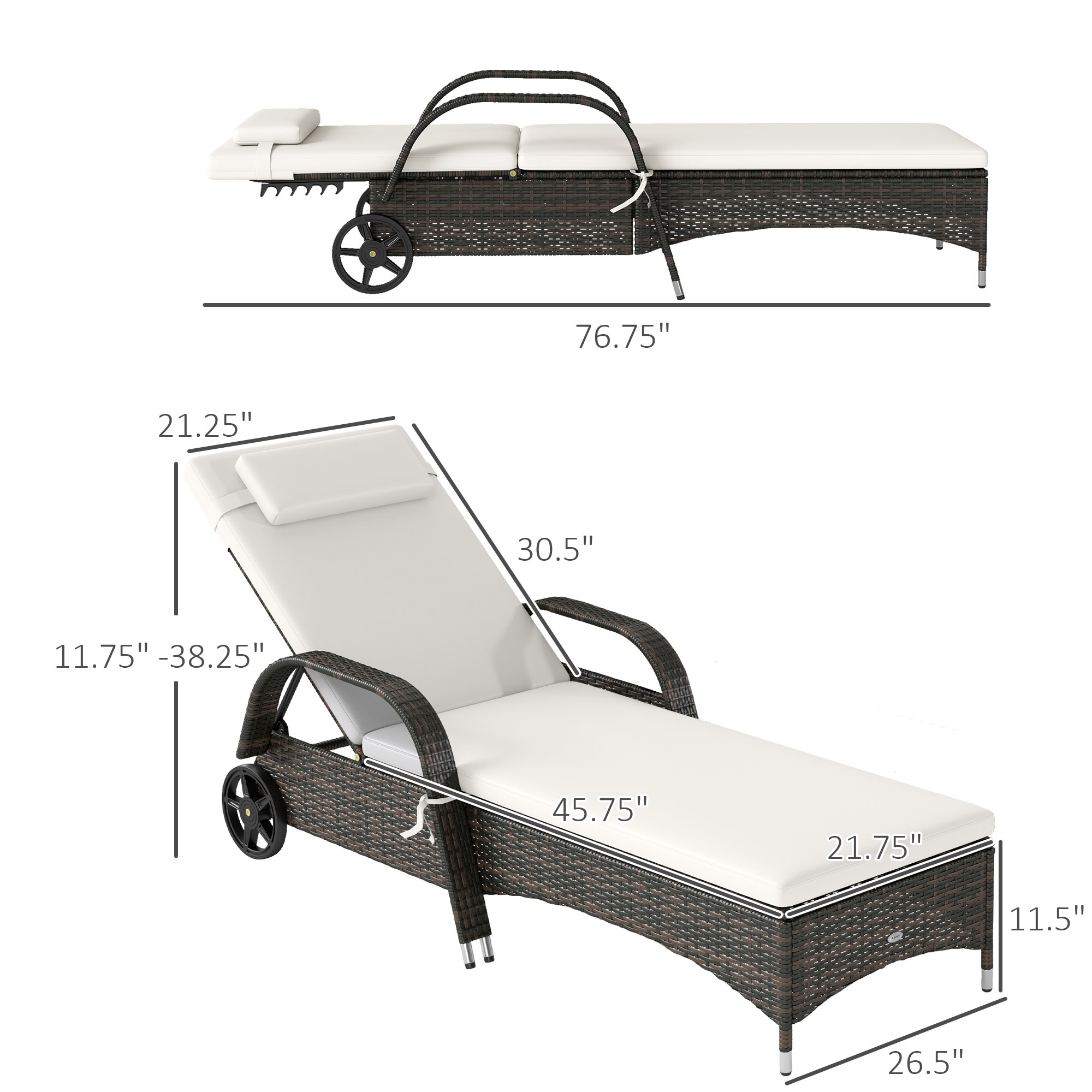  2 Reclining Chaise Lounge Chairs, Rolling Outdoor Chairs with Cushion, Pillow, Headrest, Armrests, and Wheels, Cream