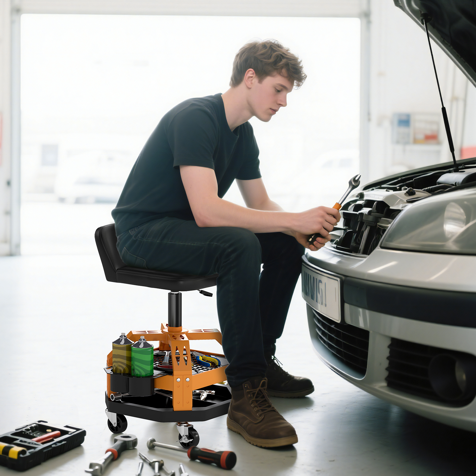  Rolling Creeper Garage Stool, 300 LBS Capacity Mechanic Stool with 360° Wheels, Tool Tray, Adjustable Height, Yellow