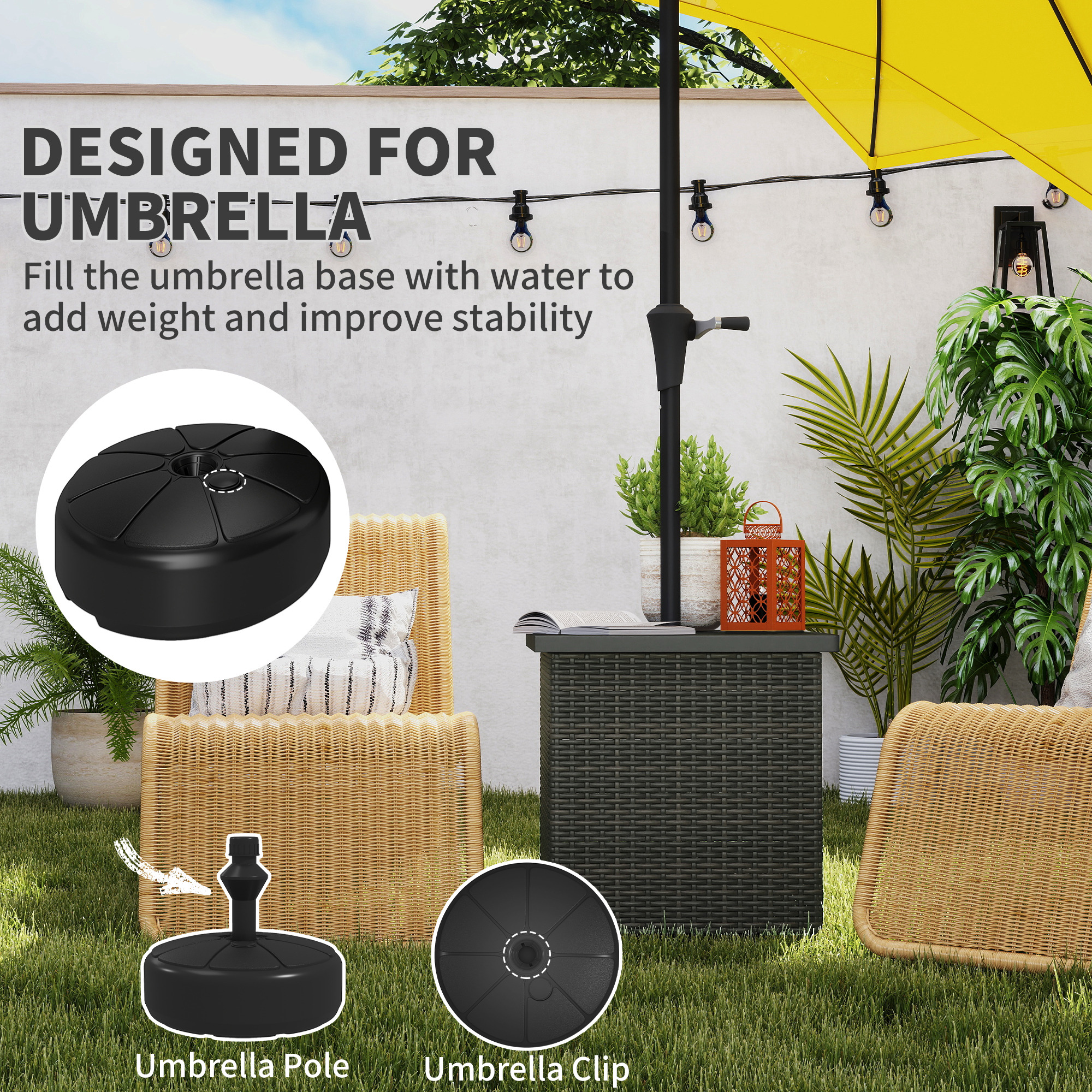  Wicker Side Table with 1.5" Umbrella Hole, Square Outdoor End Table with UV-Resistant Frame, Storage Space, Mixed-Brown