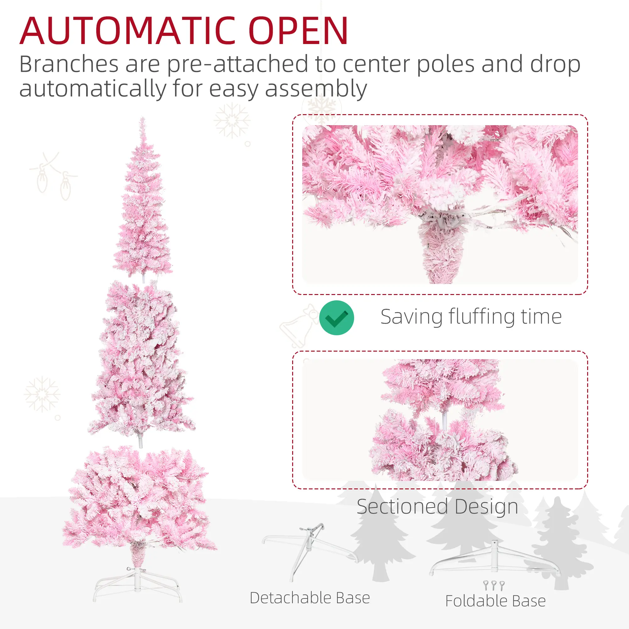 7.5ft Prelit Snow Flocked Artificial Christmas Tree with Pencil Shape, Pine Realistic Branches, Warm White LED lights, Auto Open, Pink and White