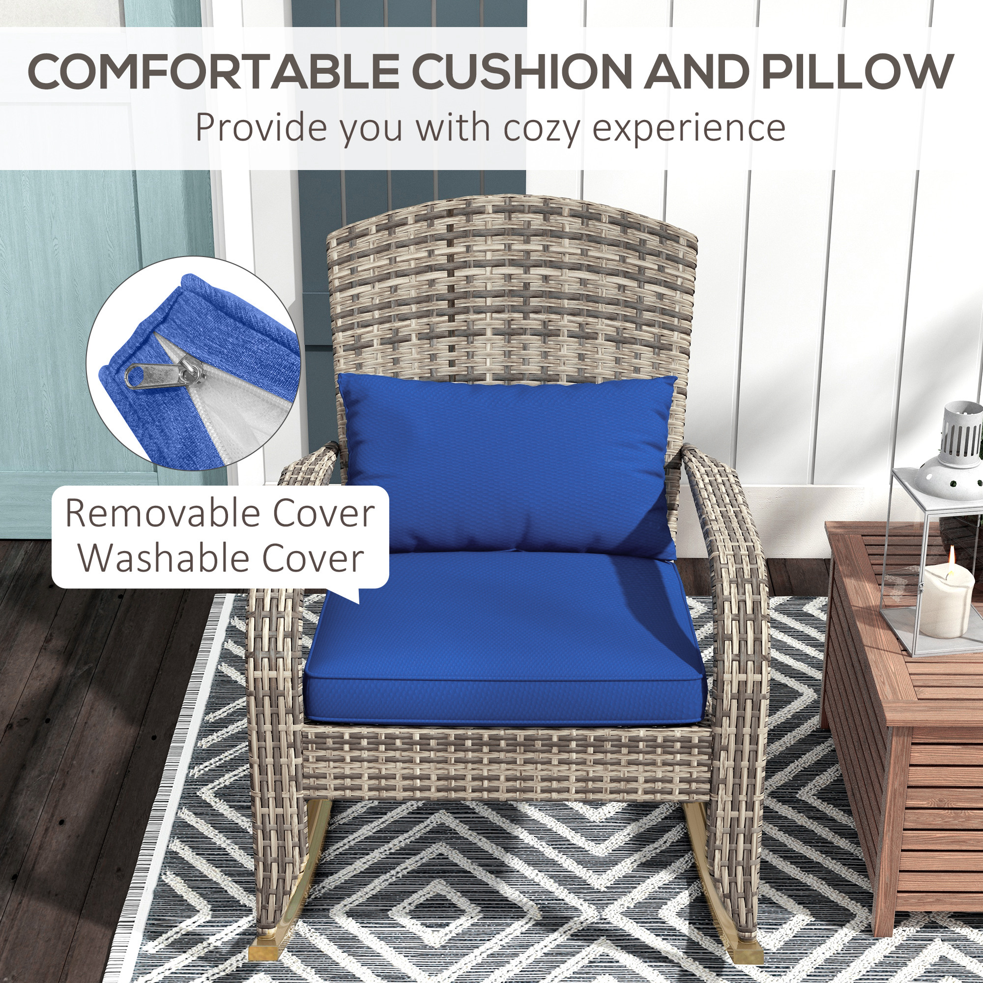  Adirondack Chair, Outdoor Wicker Rocking Chair with High Back, Seat Cushion, and Pillow for Porch, Balcony, Dark Blue