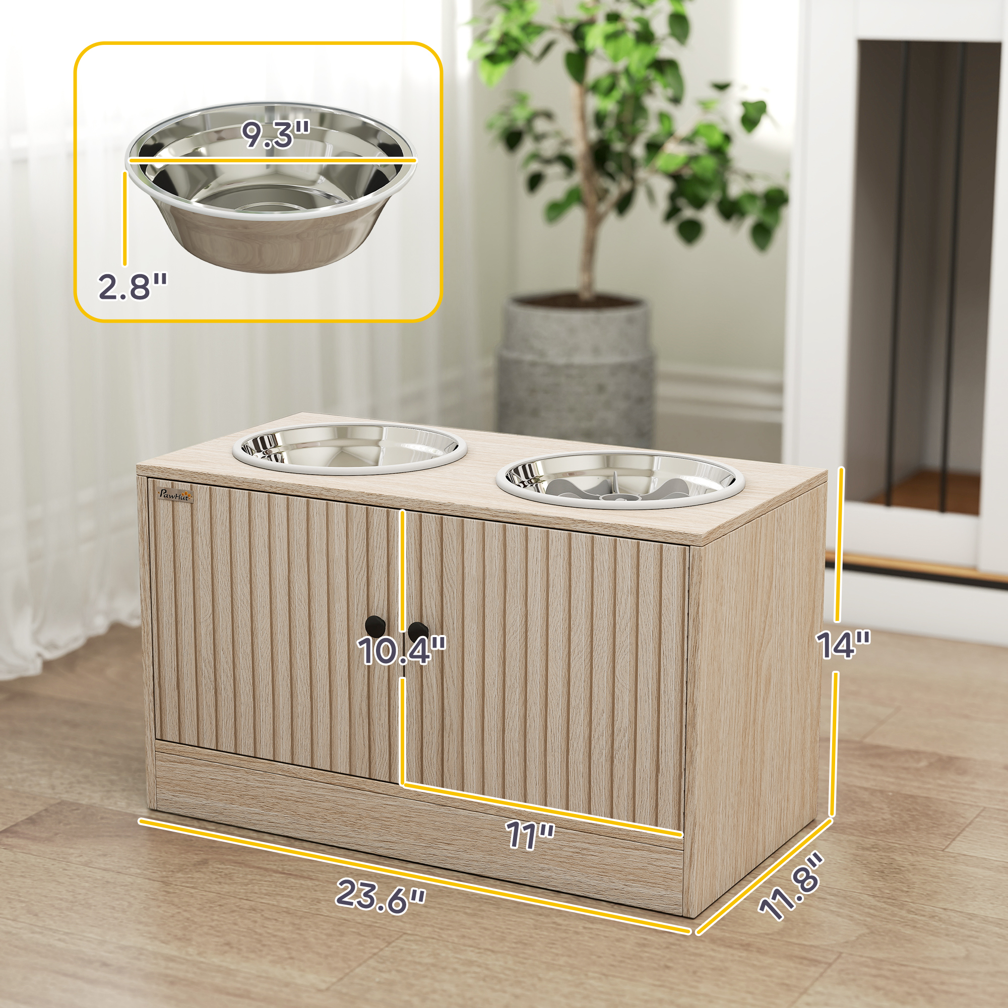  Elevated Dog Bowls with Storage Cabinet,  2 Stainless Steel Bowls, Slow Feeder, Dog Feeding Station for Large Dogs, Oak