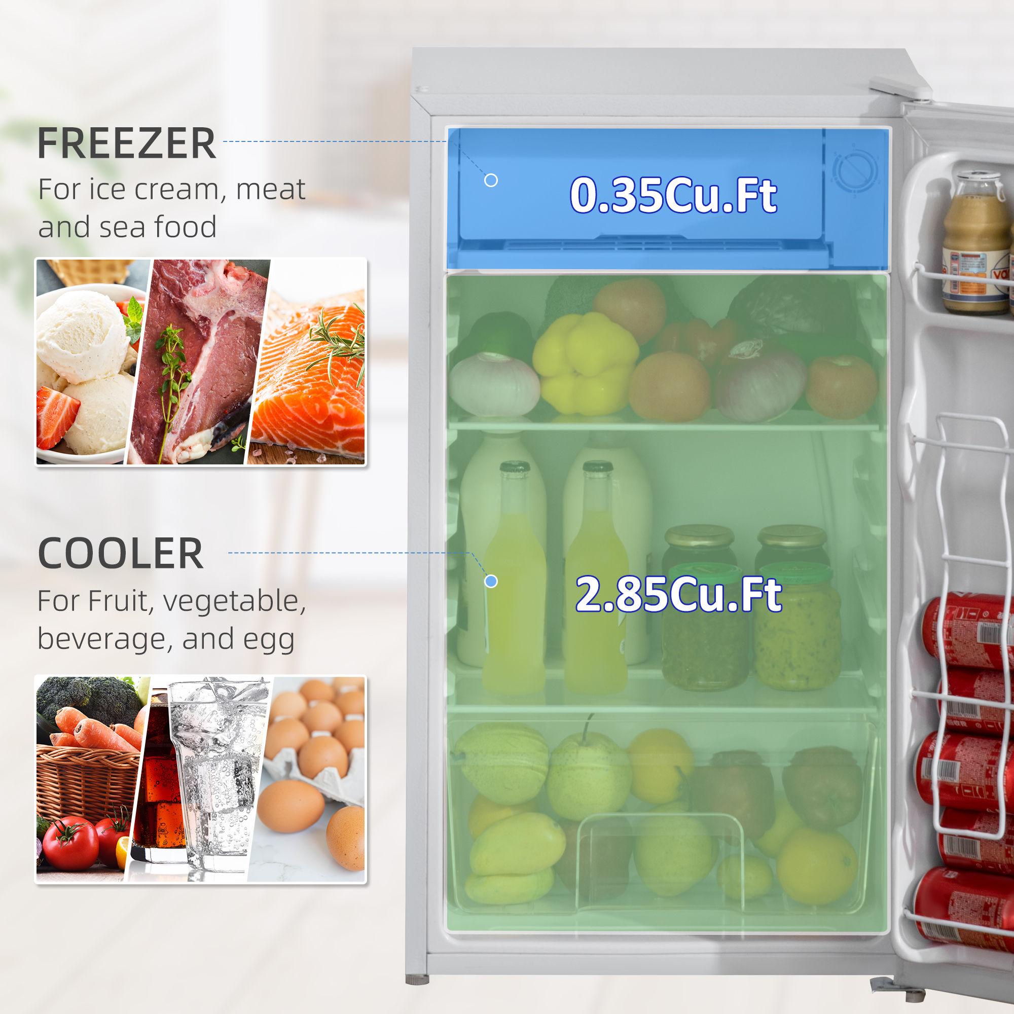  Mini Fridge with Freezer, 3.2Cu.Ft Compact Refrigerator with Adjustable Shelf, Mechanical Thermostat and Reversible Door for Bedroom, Dorm, White