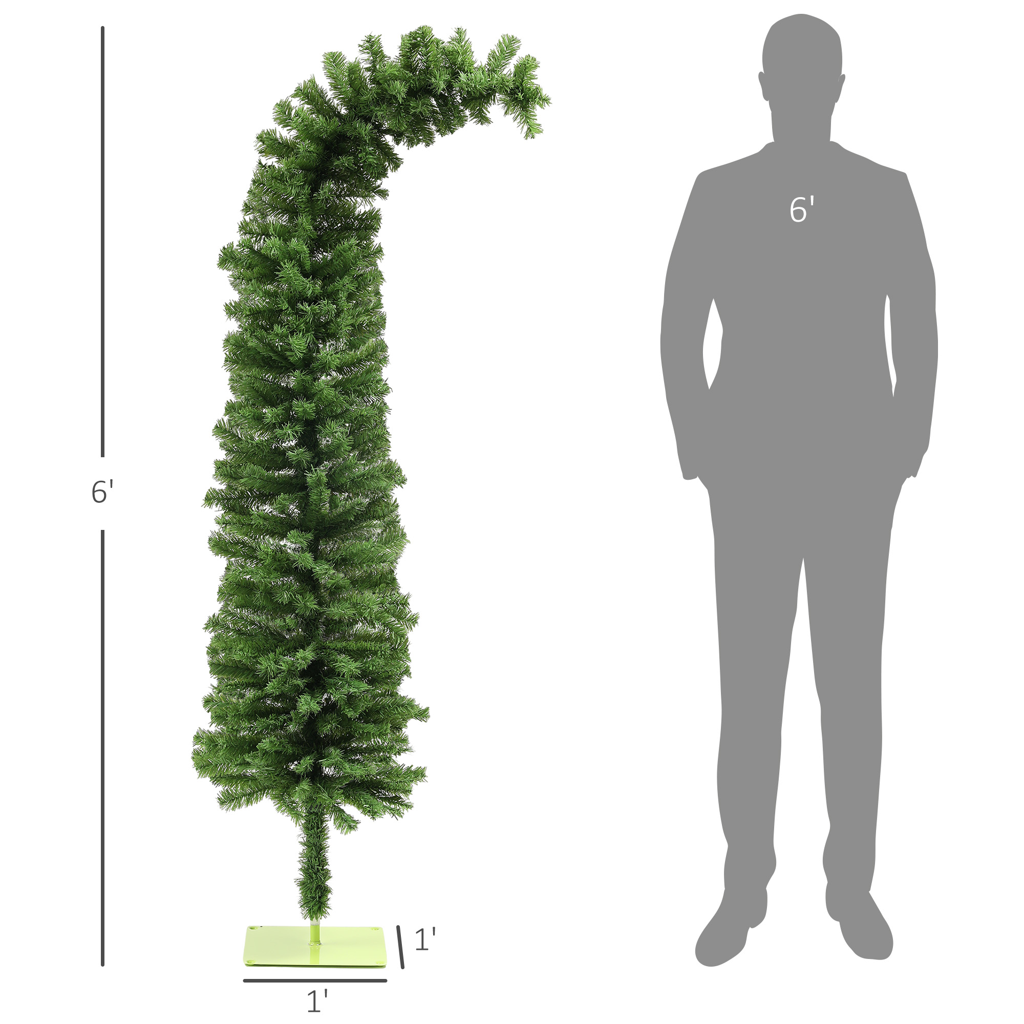  6ft Whimsical Pencil Christmas Tree, Bendable Artificial Christmas Tree with 400 Branch Tips and Metal Base, Green