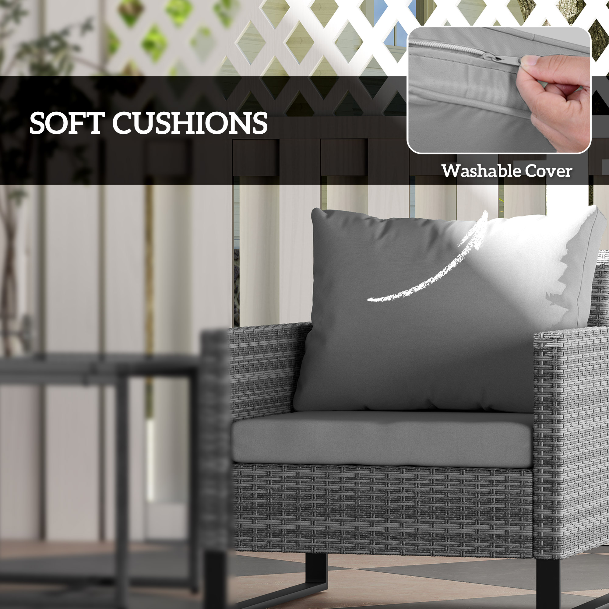 3PCS Patio Set, Wicker Bistro Set with Cushions, Rattan Chairs, Glass Coffee Table for Backyard, Porch, Balcony, Gray