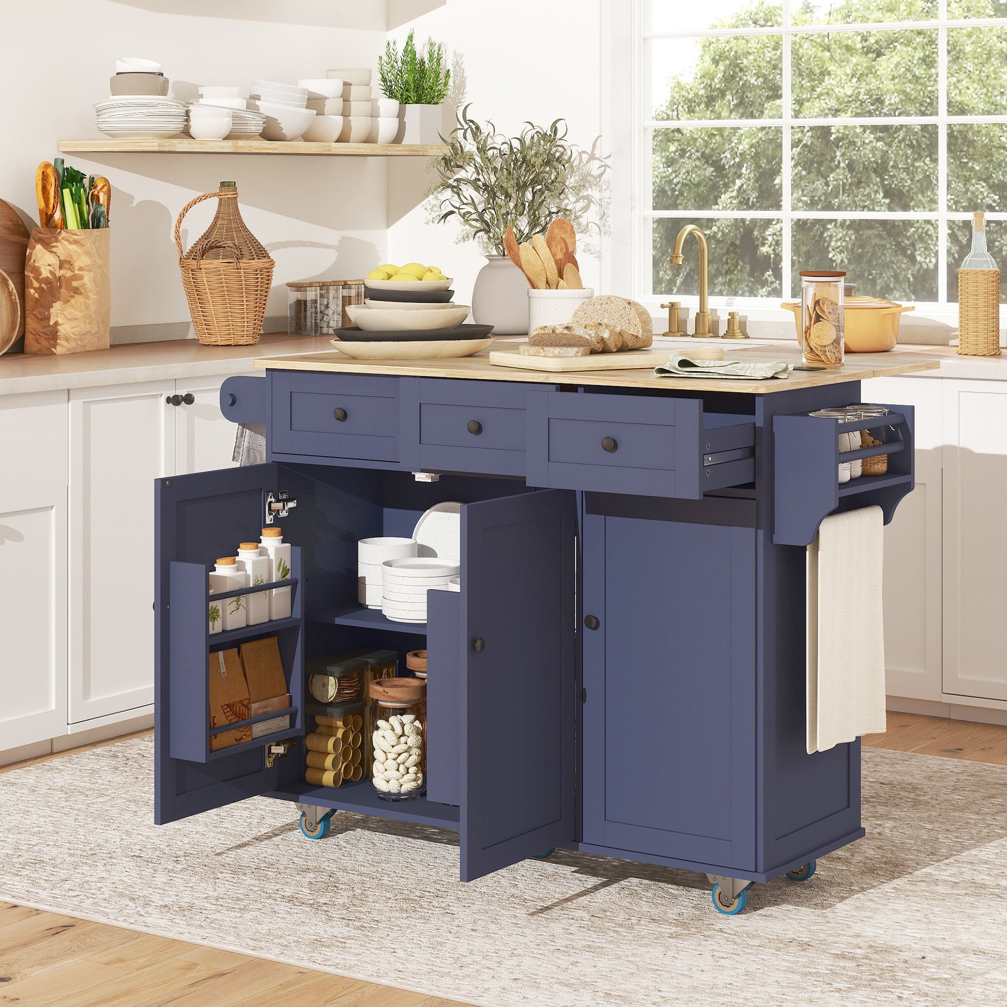 Kitchen Island on Wheels with Drop Leaf, Charging Station, Rolling Kitchen Cart 