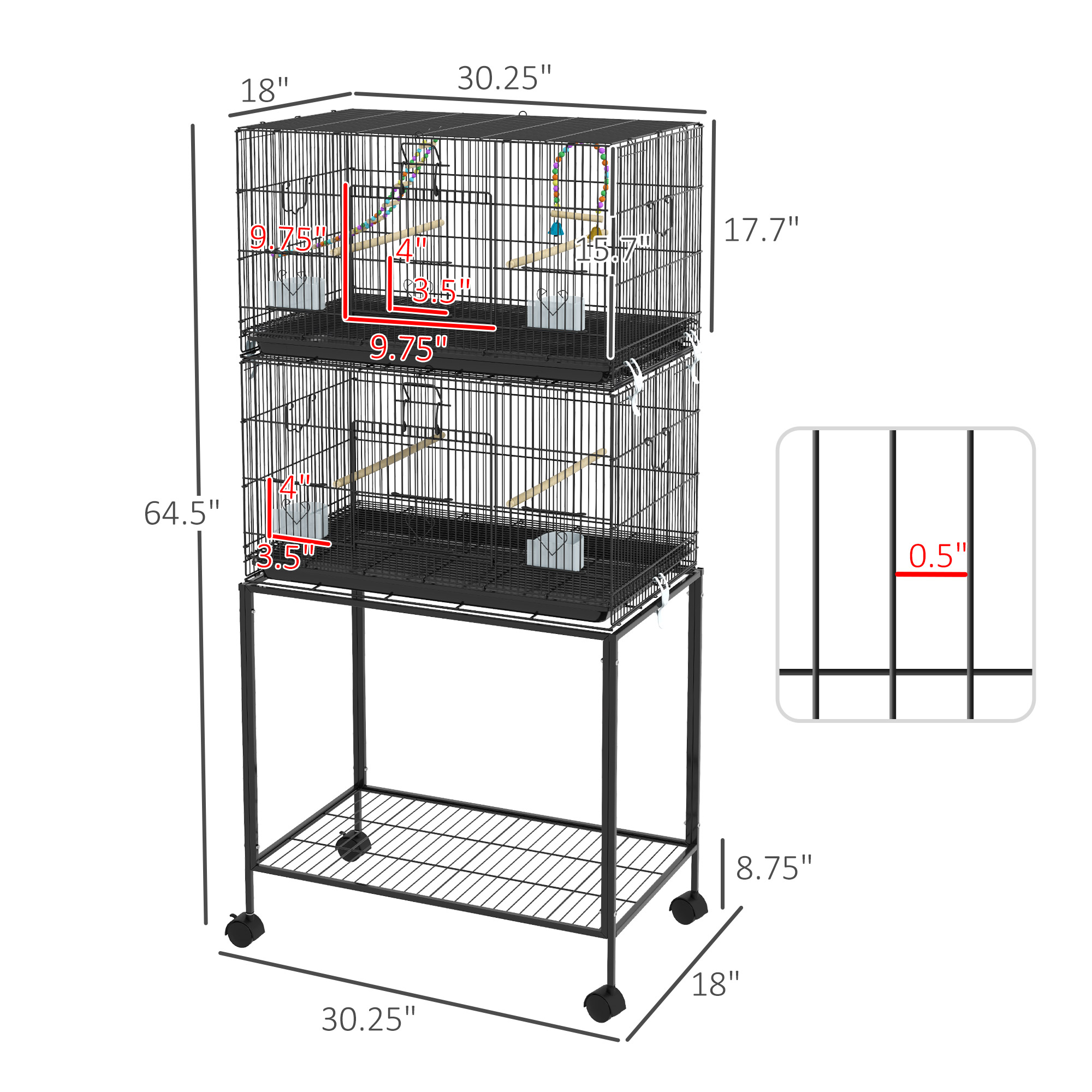  Double Stackable Bird Cage on Wheels w/ Stand, for Canaries