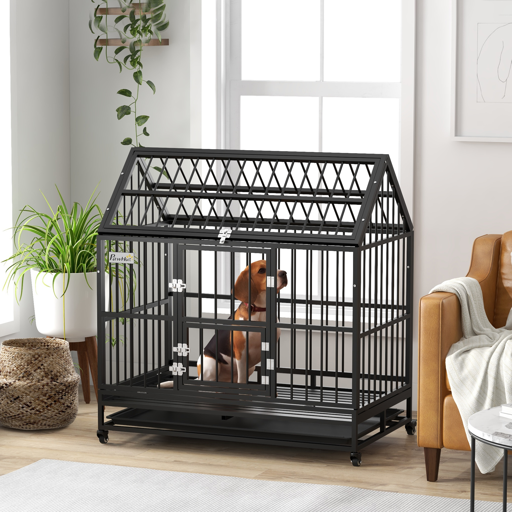  48" Heavy Duty Dog Crate with 4 Lockable Wheels, Double Doors, and Removable Tray, for XL and L Dogs