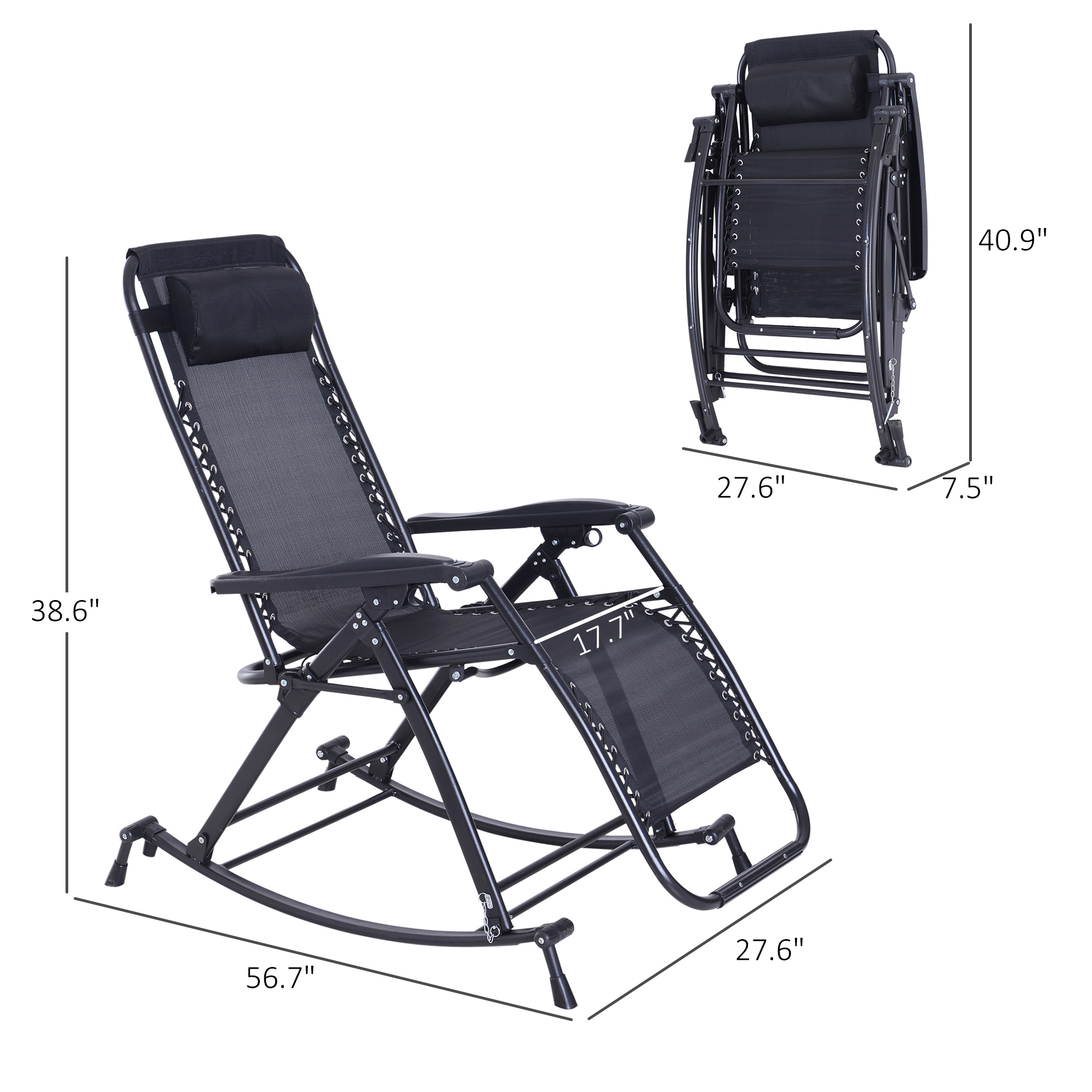  Outdoor Rocking Chairs, Foldable Reclining Zero Gravity Lounge Rocker with Pillow, Cup & Phone Holder, Combo Design with Folding Legs, Black