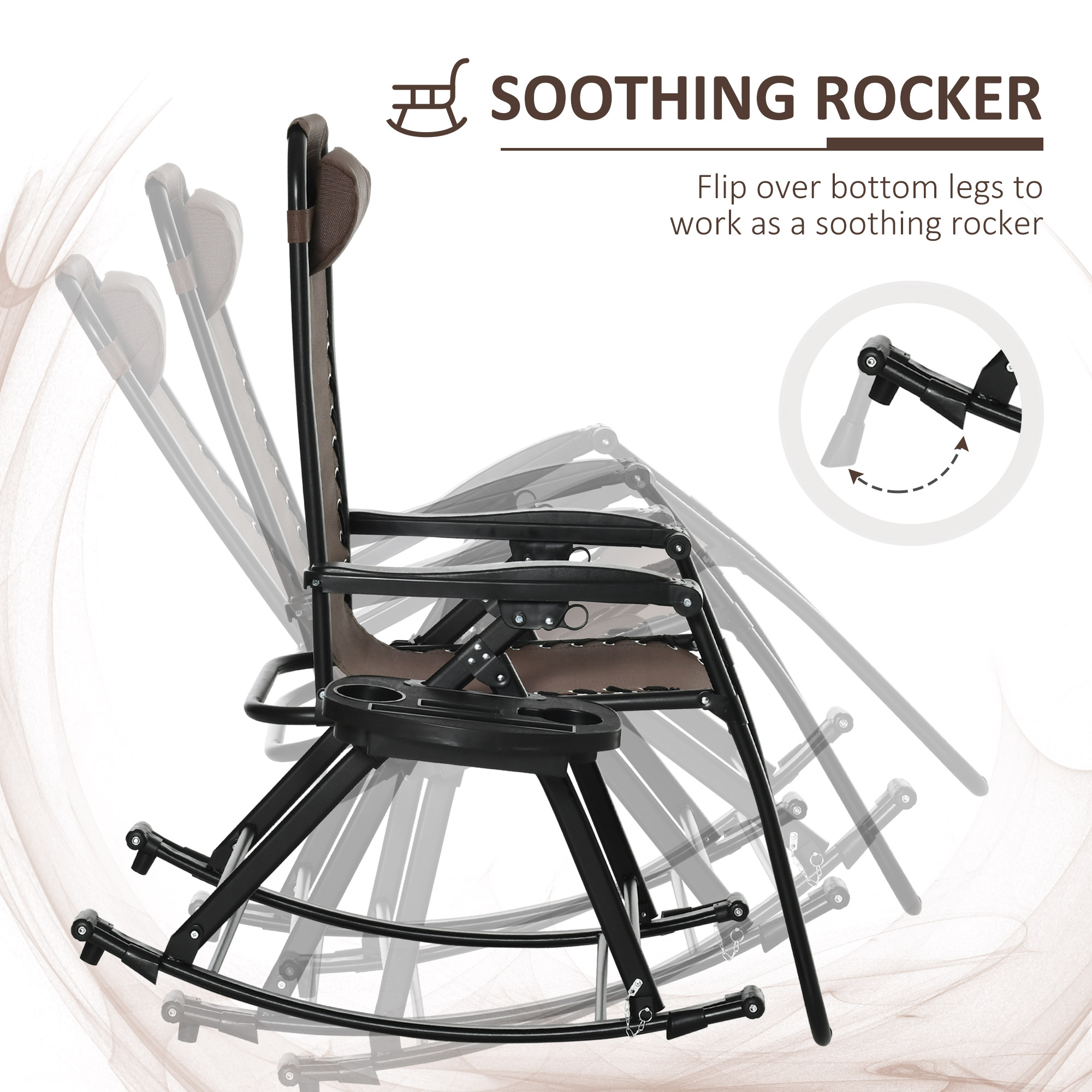  Outdoor Rocking Chairs, Foldable Reclining Zero Gravity Lounge Rocker with Pillow, Cup & Phone Holder, Combo Design with Folding Legs, Brown