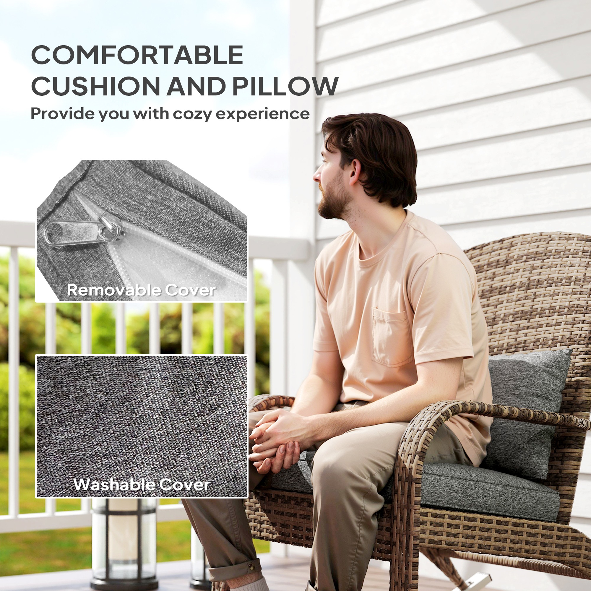  Adirondack Chair, Outdoor Wicker Rocking Chair with High Back, Seat Cushion, and Pillow for Porch, Balcony, Gray