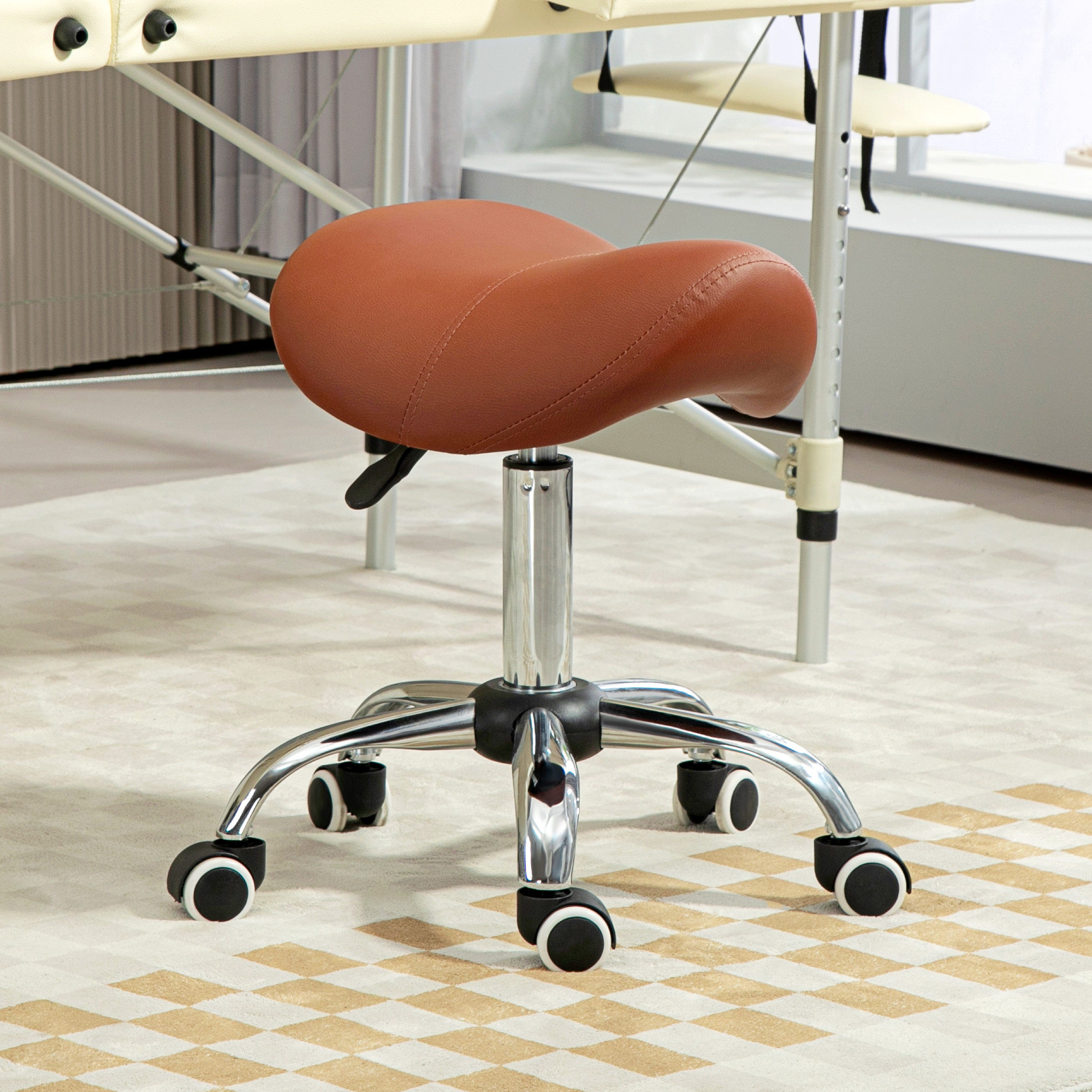 Saddle Stool, Height Adjustable Salon Chair For Massage Spa, Faux Leather, Brown — image 5