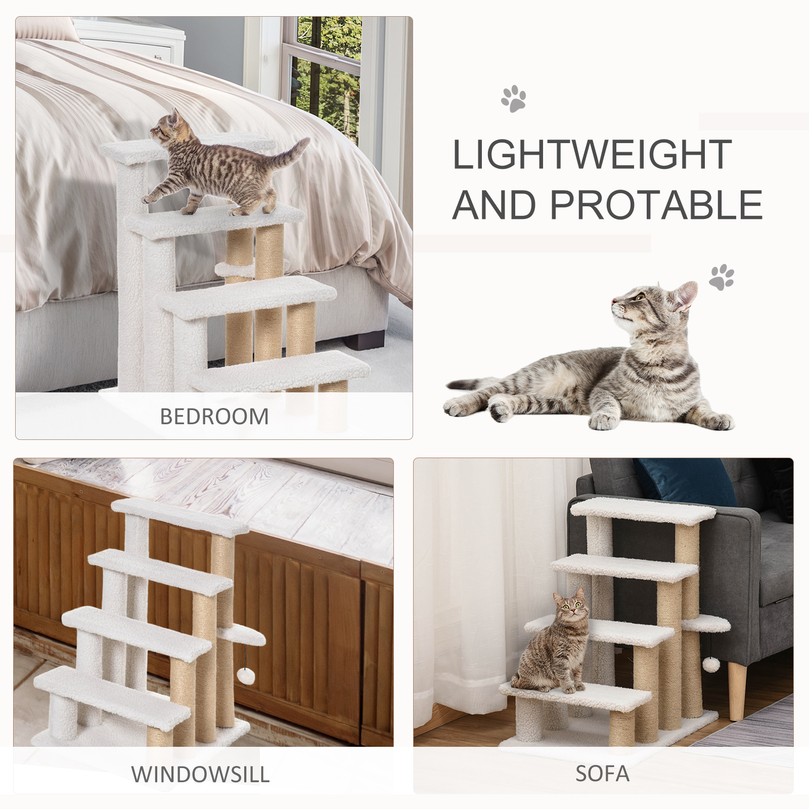  4 Levels Cat Steps with Scratching Posts for High Bed, Sofa, White