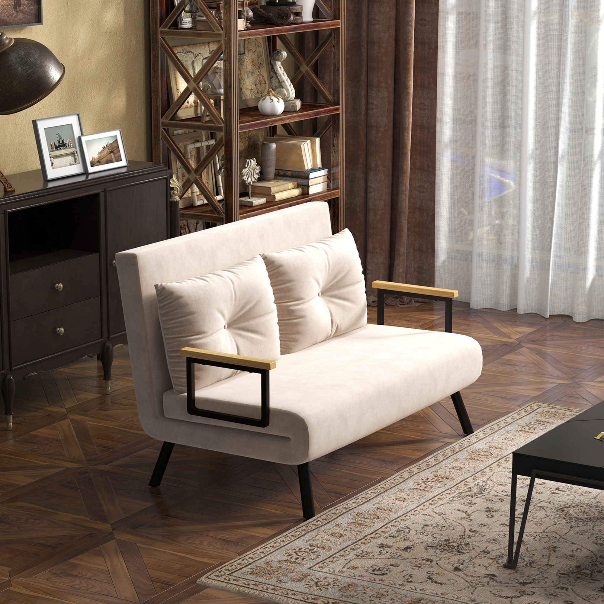 4-in-1 Velvet-Feel Double Sofa Bed, With Pillows - Beige — image 4