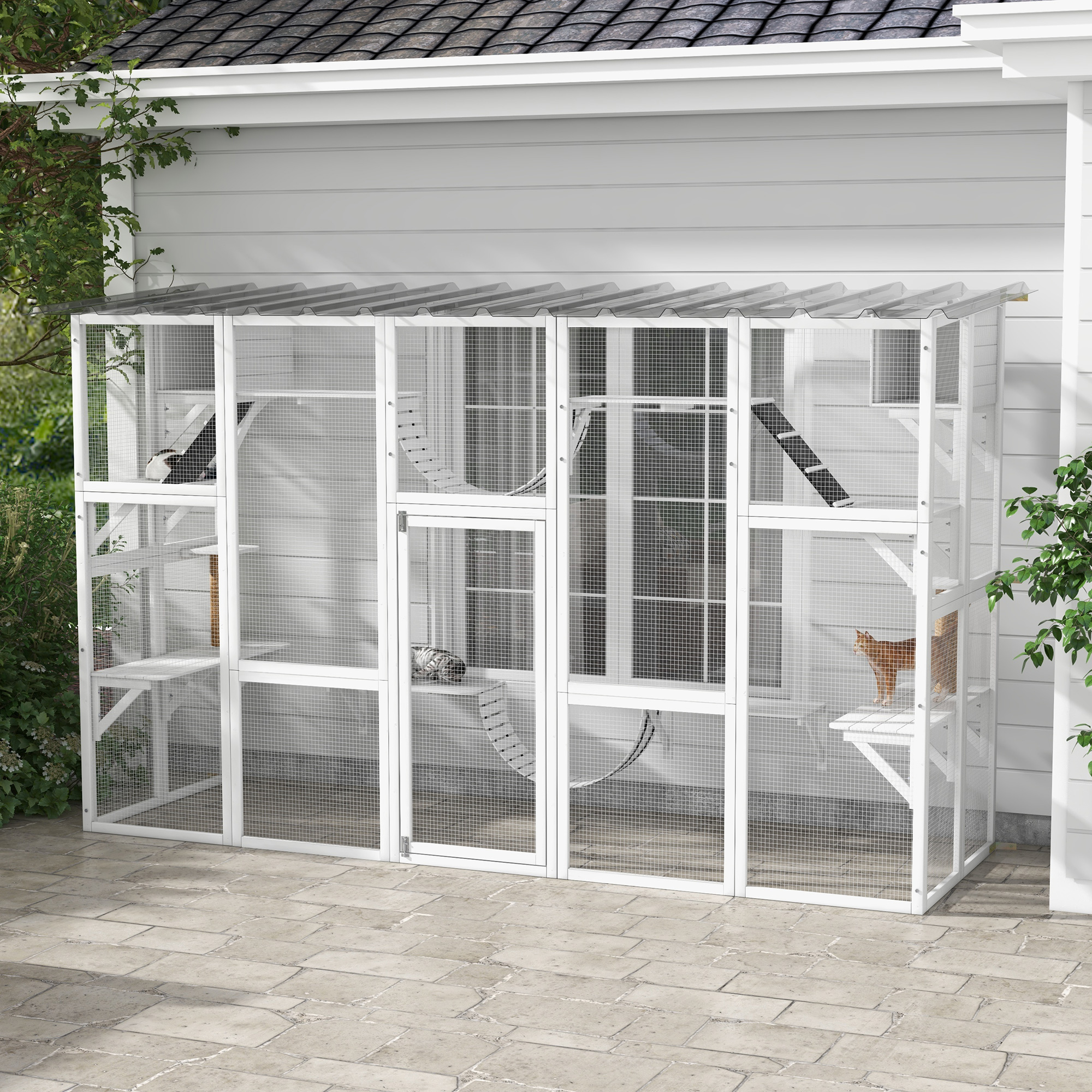  Cat Window Box , Large Catio with Shelves & Bridges, Outside Enclosure for Multiple Cats, White