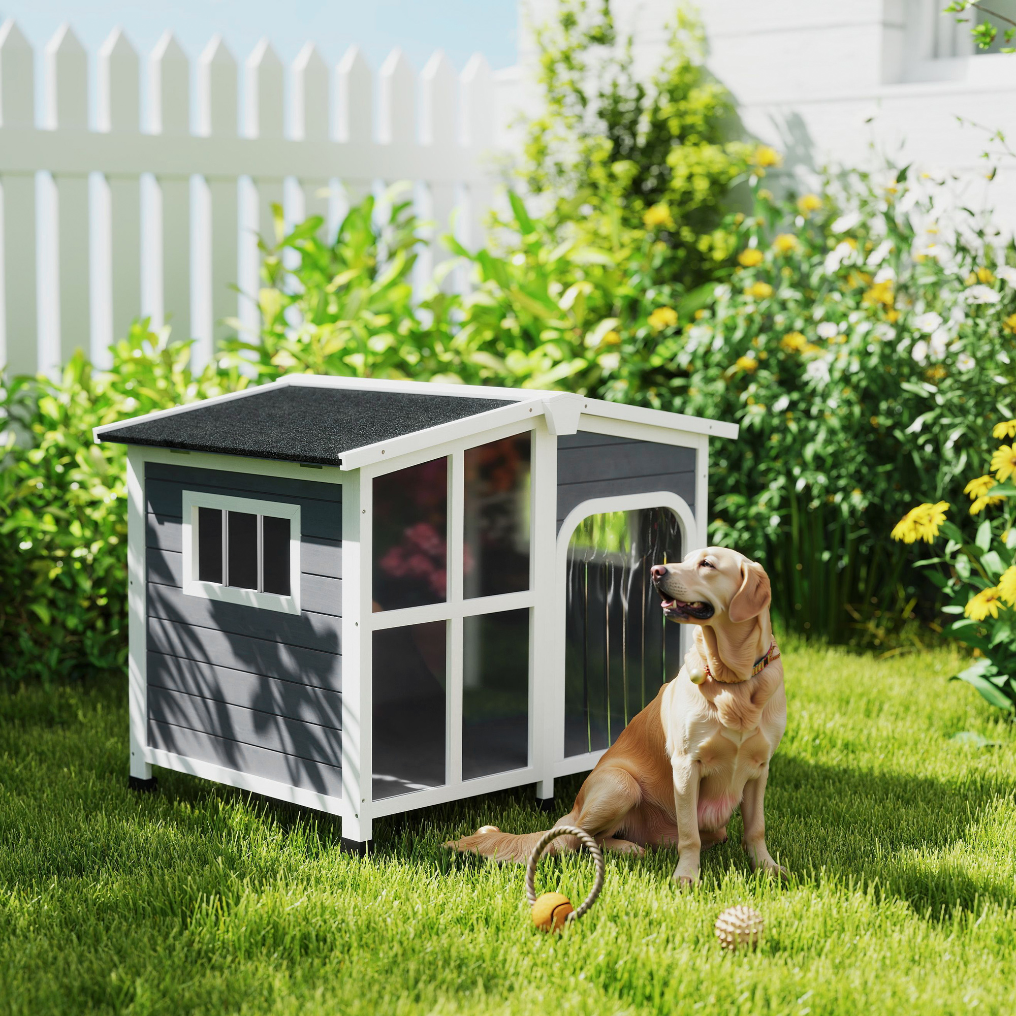  Cabin-Style Wooden Dog House for Large Dogs with Openable Roof & Giant Window, Dark Gray