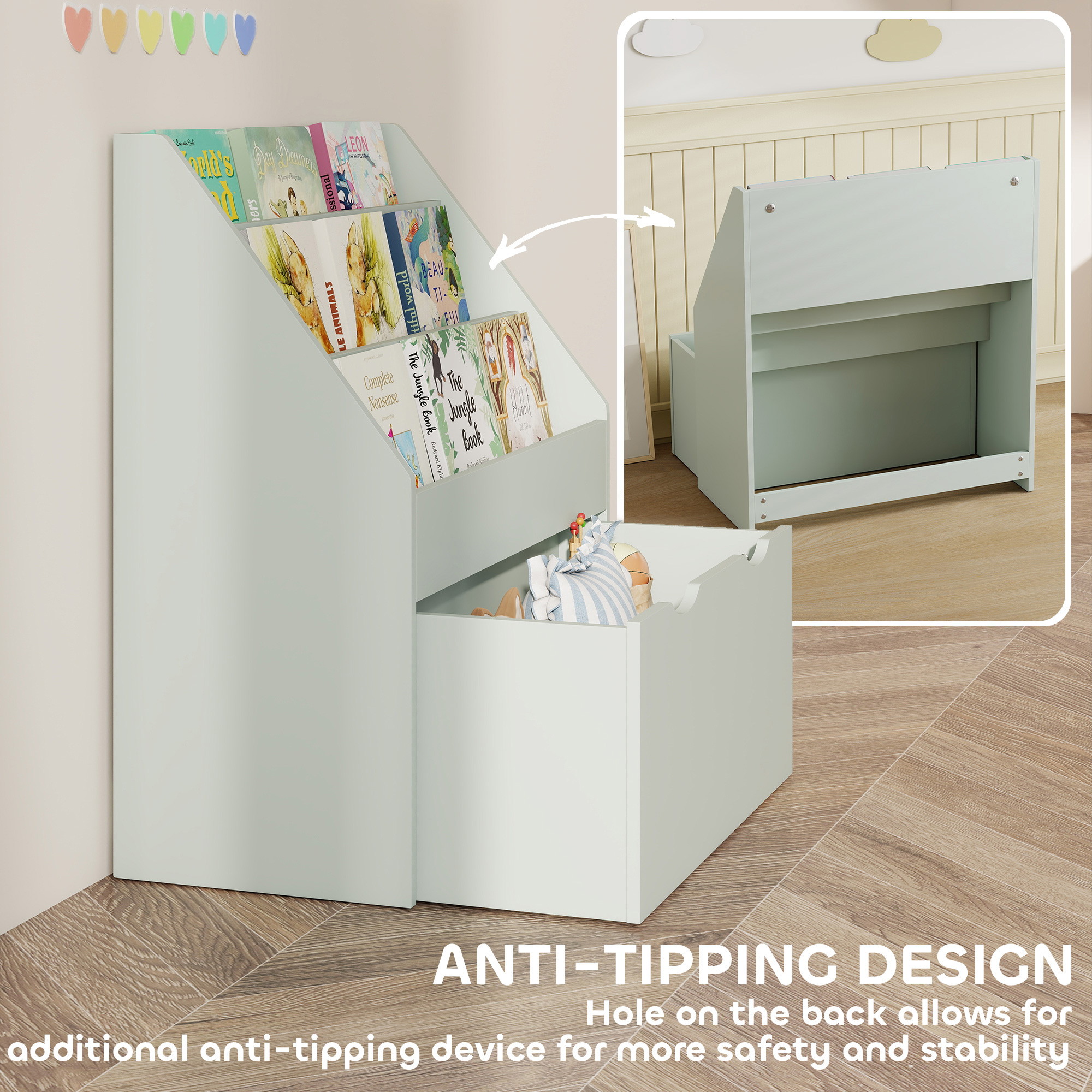 Bookcase For Kids With Shelves, Drawer, Bedroom, Playroom, Green — image 3