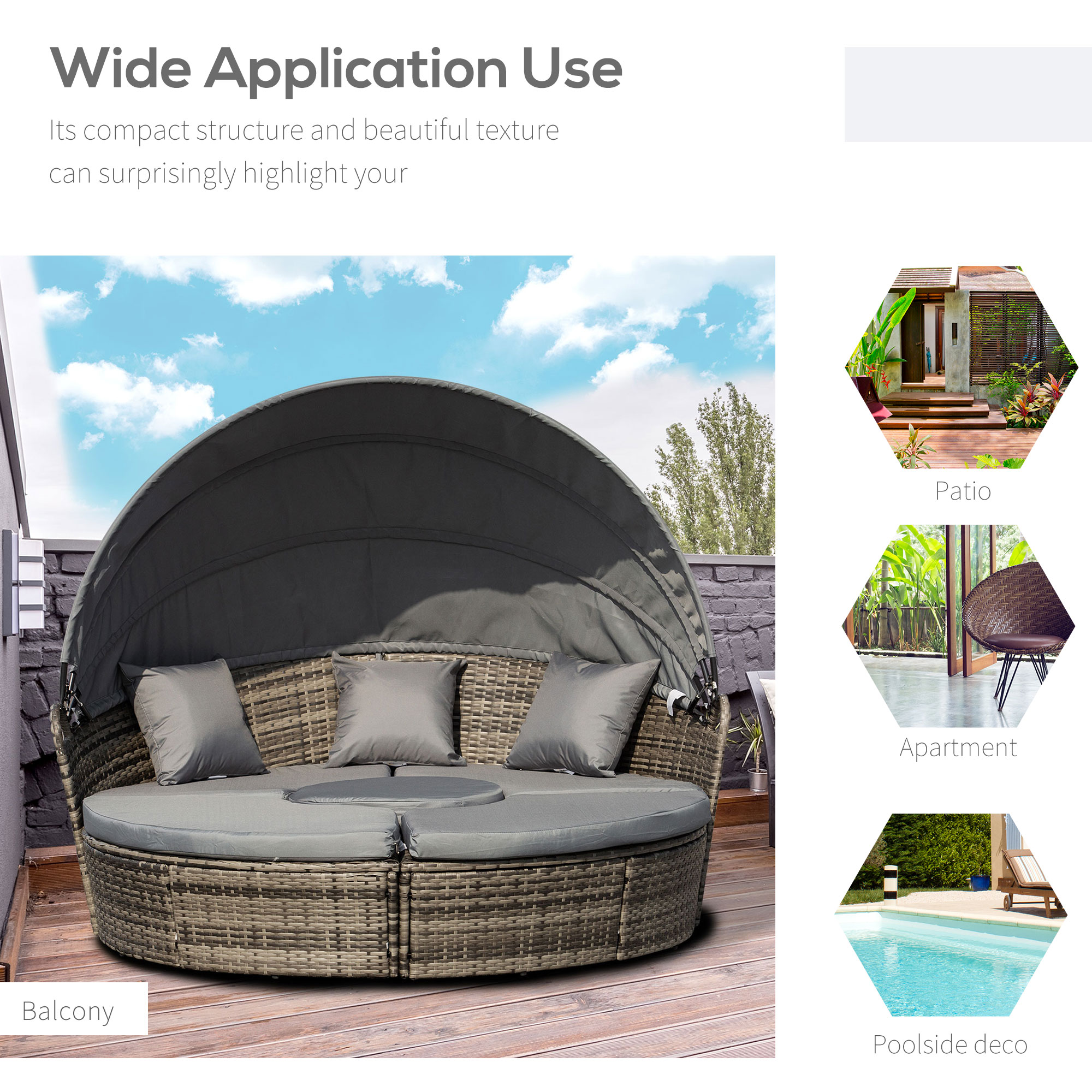 4-Piece Round Convertible Daybed with Cushions, Outdoor PE Rattan Patio Wicker Sofa Set, Sunbed with Adjustable Sun Canopy, Sectional Sofa, 2 Chairs, Table, 3 Pillows, Dark Gray