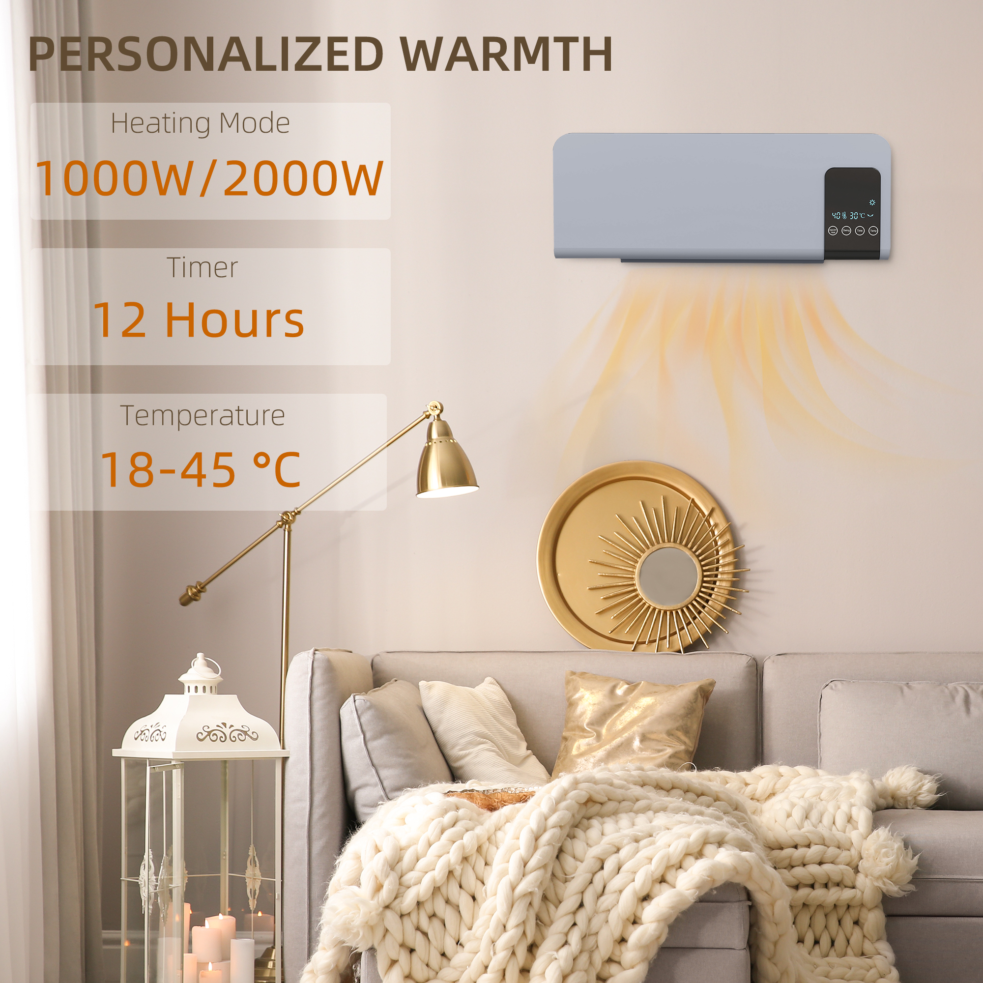 2000W Wall Mounted Heater, 18-45C Temperature, Grey — image 3