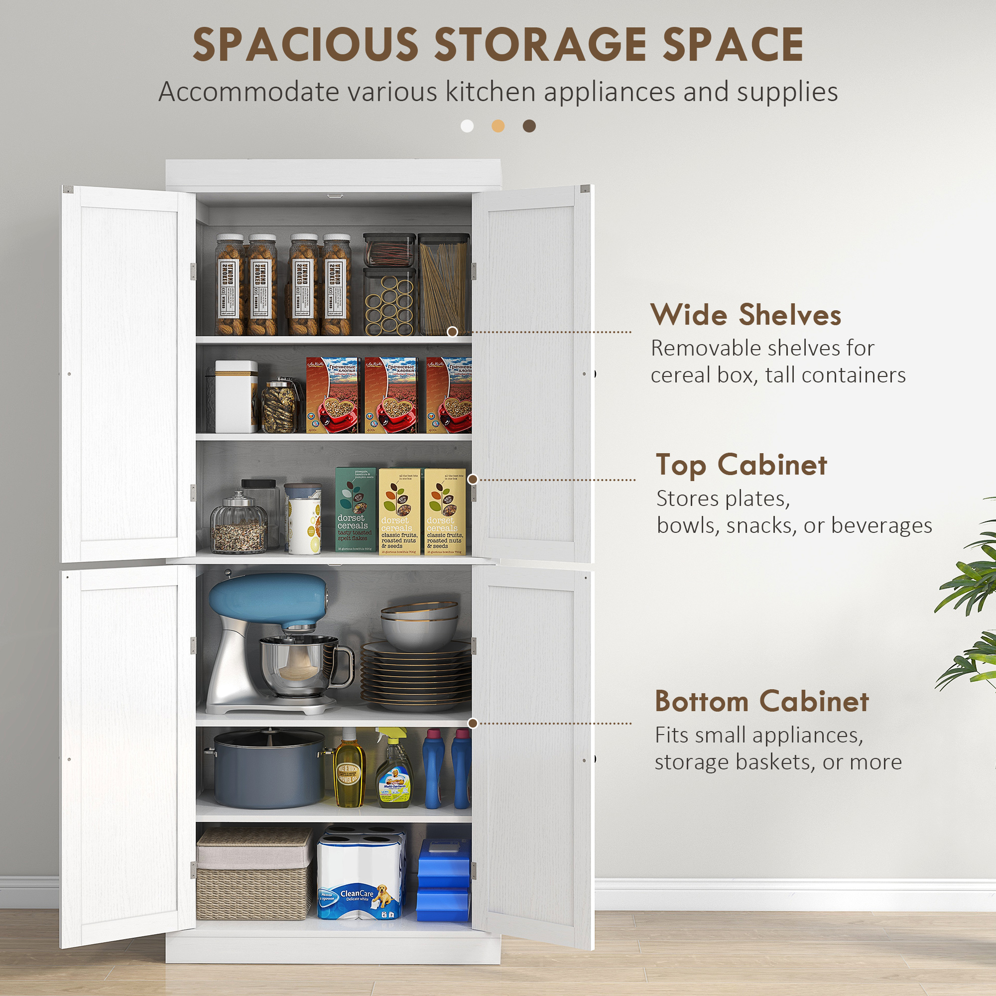  72" Kitchen Cabinet, Pantry Storage Cabinet with Doors and Shelves, Freestanding Food Pantry Cabinet, White Wood Grain image 3