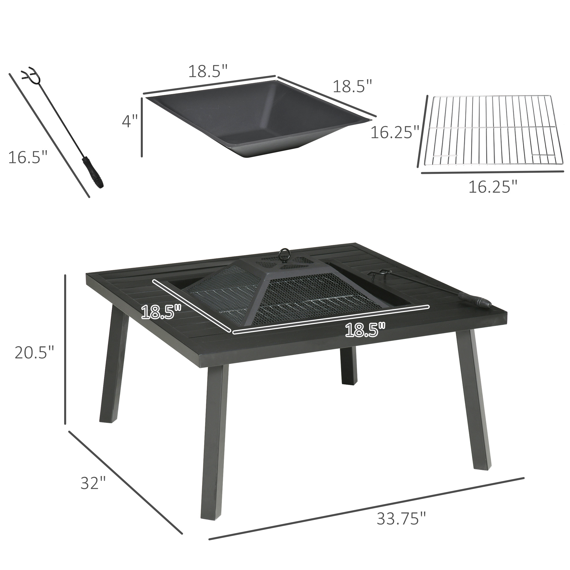  34" Fire Pit with Grill, Metal Outdoor Wood Burning Firepit with Spark Screen, Fire Poker, Cover, Table Lip, Black