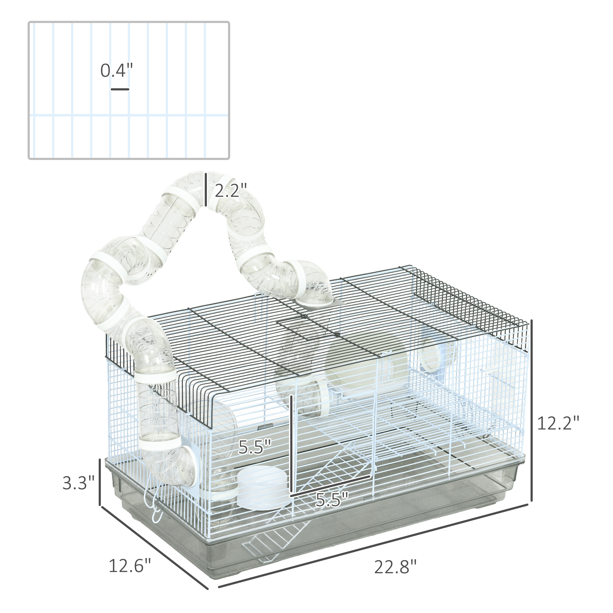  Small Animal Cage for Gerbil or Dwarf Hamster w/ Tubes, Exercise Wheel, Food Dish, Water Bottle, 23" x 13" x 12", Gray