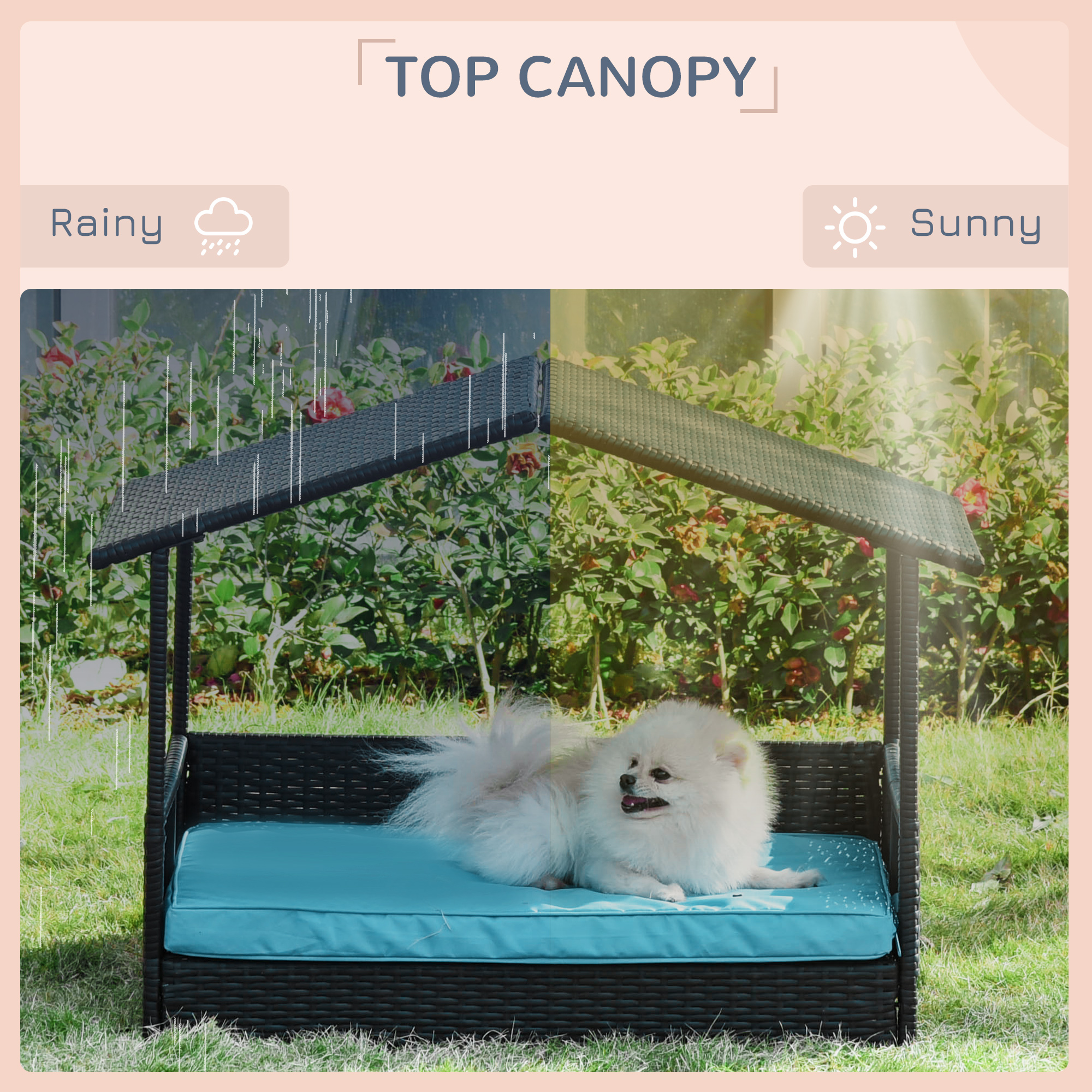 Wicker Dog House Outdoor with Canopy, Rattan Dog Bed with Water-resistant Cushion, Raised Pet Bed for Small, Medium Breeds up to 66 lbs, 20" in Length, Brown Wicker, Blue Cushion