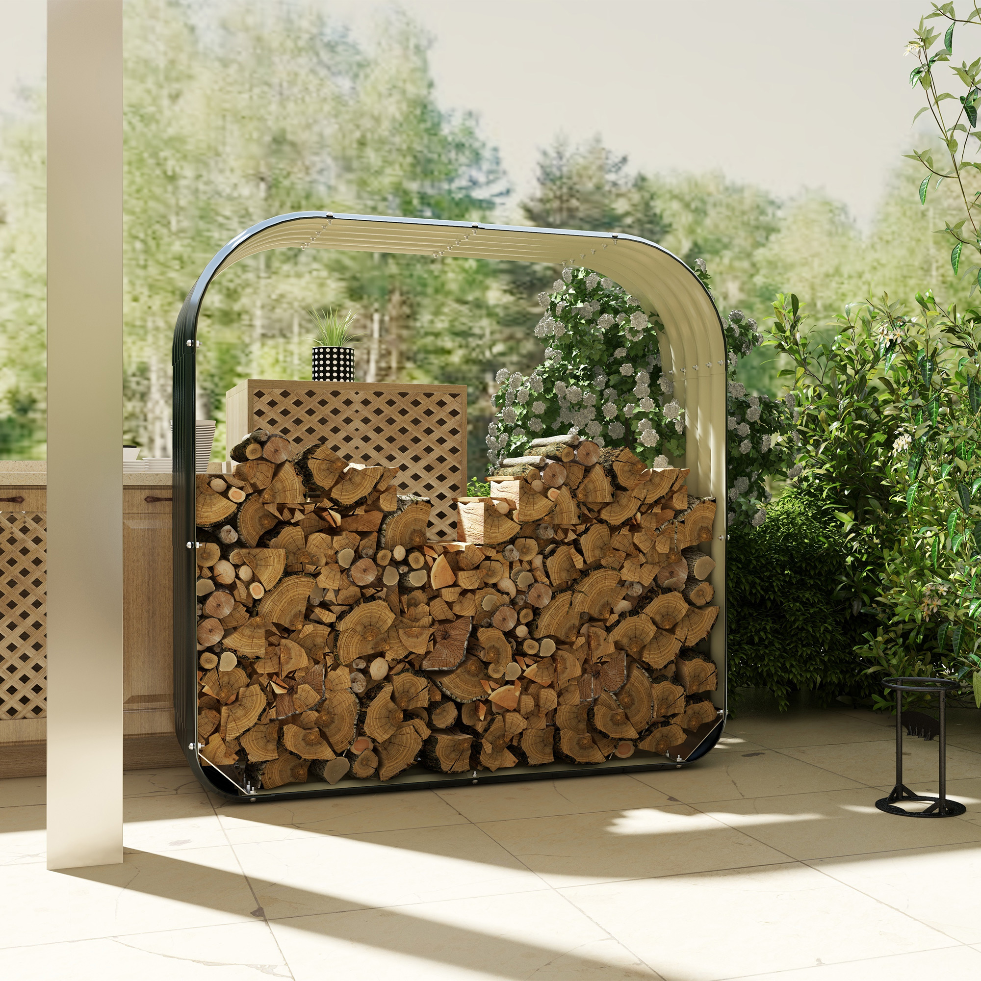 Wood Shed Galvanized Steel Firewood Storage Rack with Rubberized Edge for Safety, 4.7 x 1.4 x 4.7