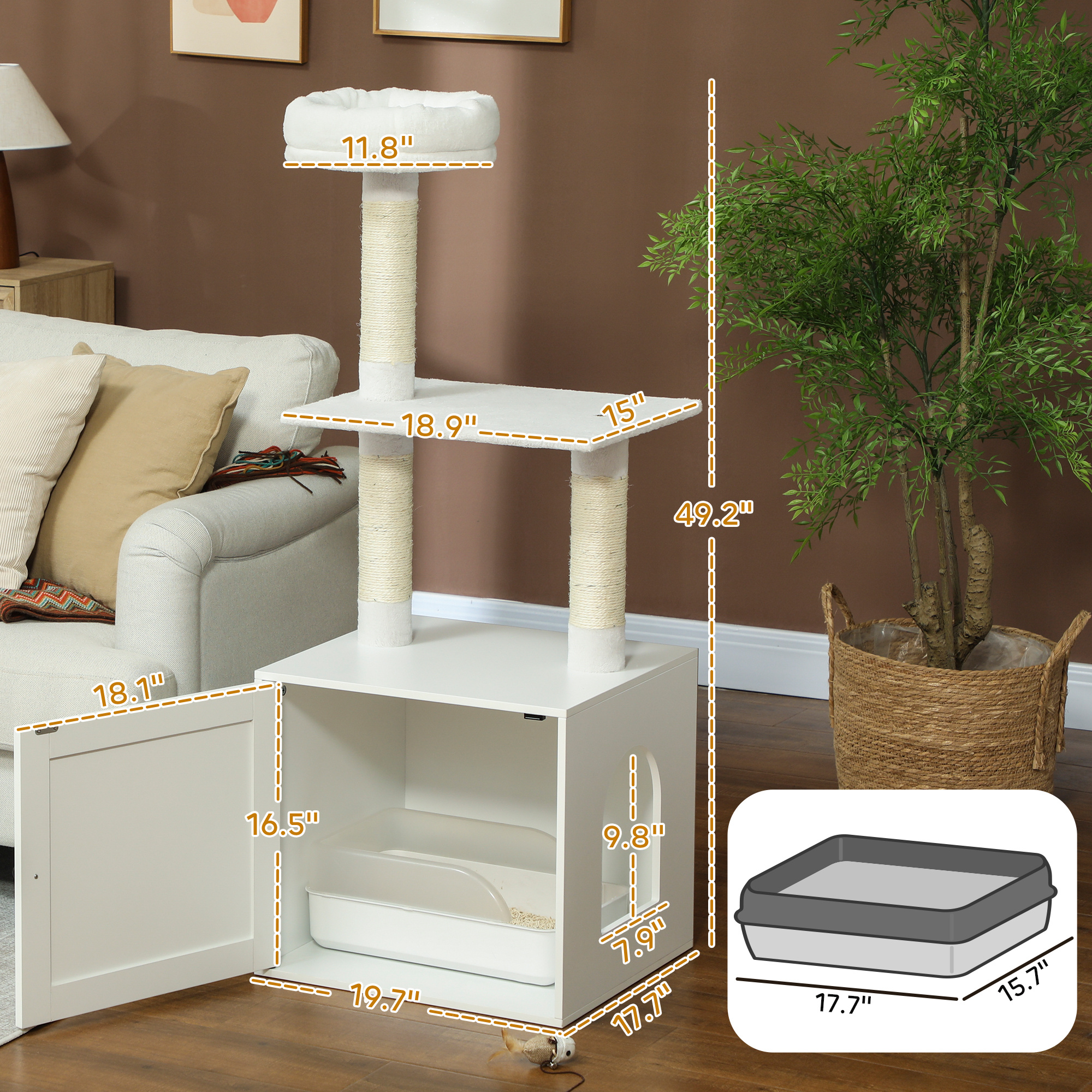  Cat Tree with Litter Box Enclosure, Scratching Posts, Bed, Climbing Platforms for Indoor Cats, White