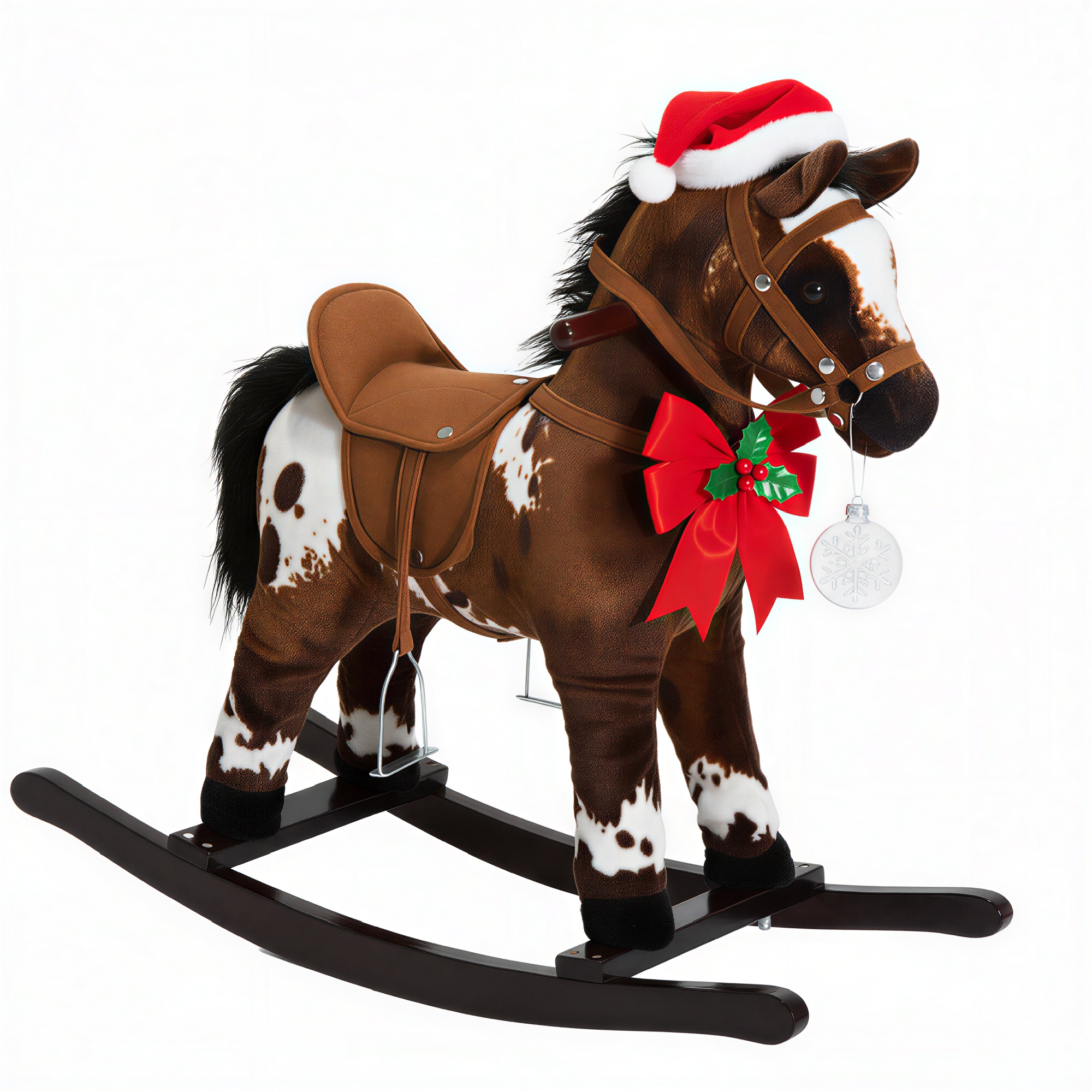 Kids Wooden Plush Ride-On Rocking Horse Chair Toy with Realistic Sounds Dark Brown/White image 16