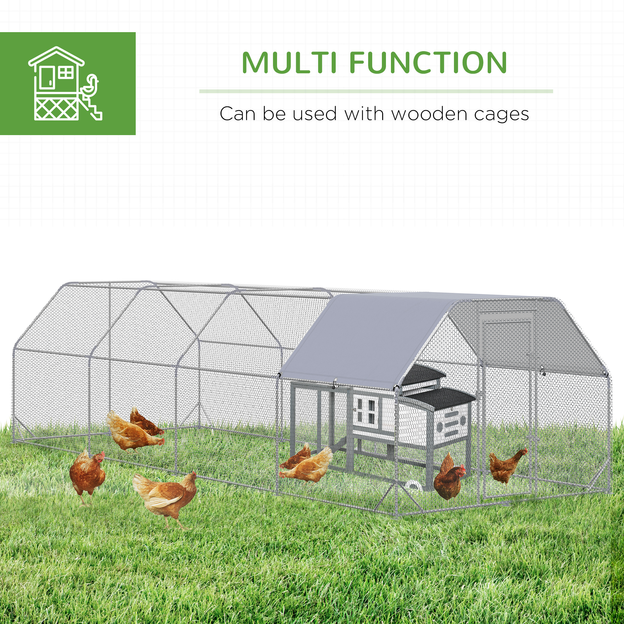  Large Chicken Coop Metal Chicken Run with Waterproof and Anti-UV Cover, Flat Shaped Walk in Fence Cage Hen House for Outdoor and Yard Farm Use, 1" Tube Diameter, 9.2' x 24.9' x 6.4'