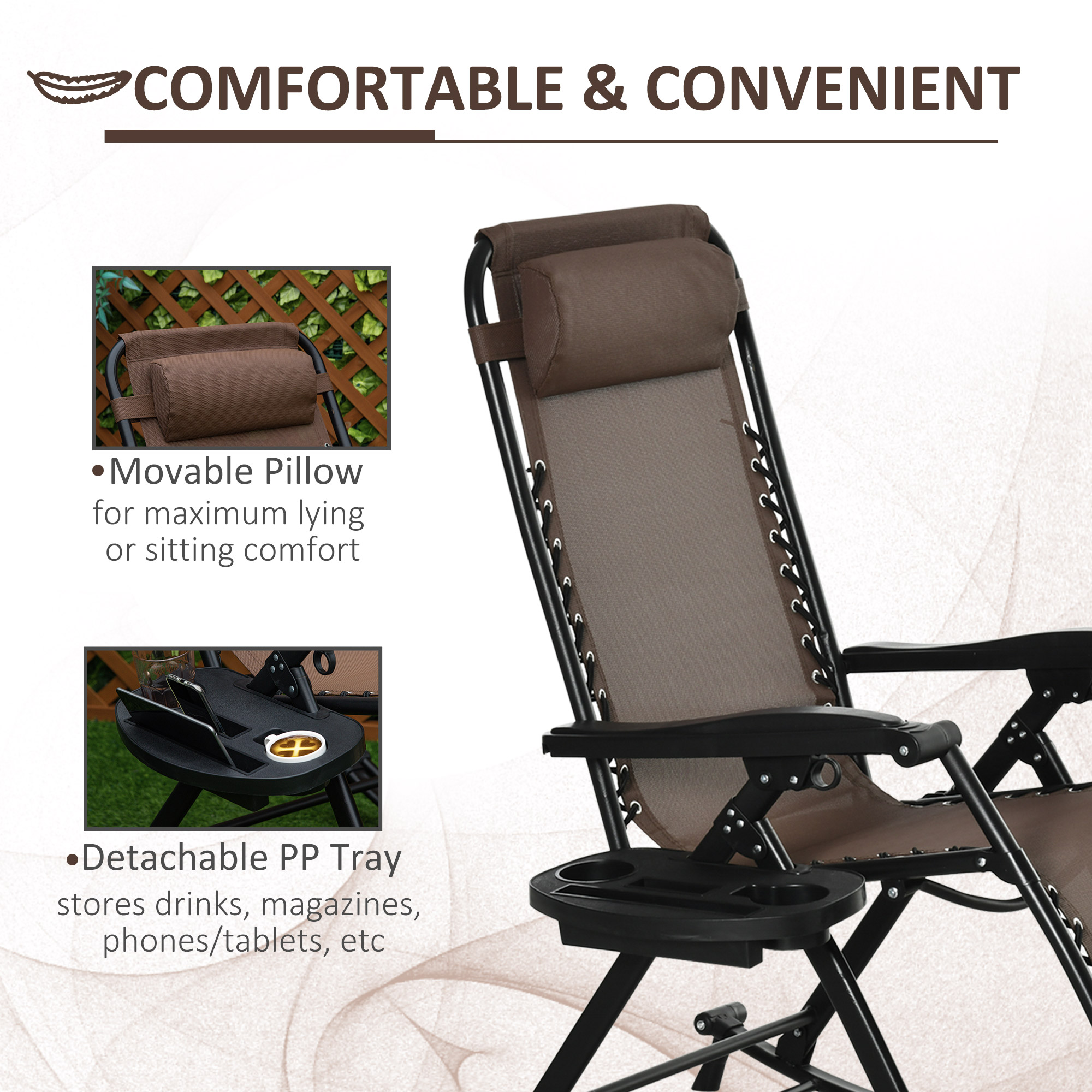  Outdoor Rocking Chairs, Foldable Reclining Zero Gravity Lounge Rocker with Pillow, Cup & Phone Holder, Combo Design with Folding Legs, Brown