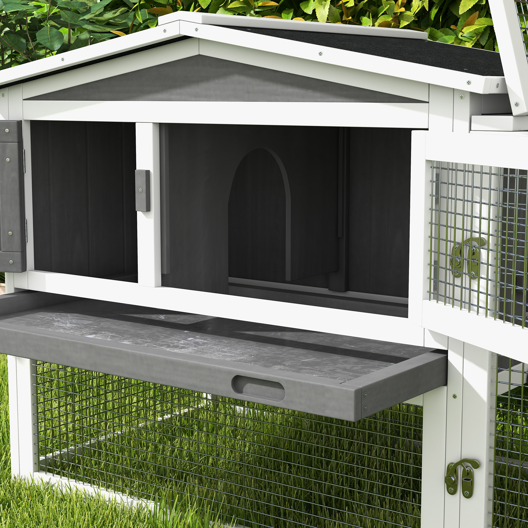  Rabbit Hutch 2-Story Bunny Cage, Guinea Pig Cage Indoor Outdoor, Small Animal House with Slide Out Tray, for Rabbits, Chickens, Ducks, 61.5" x 23" x 27", Light Gray
