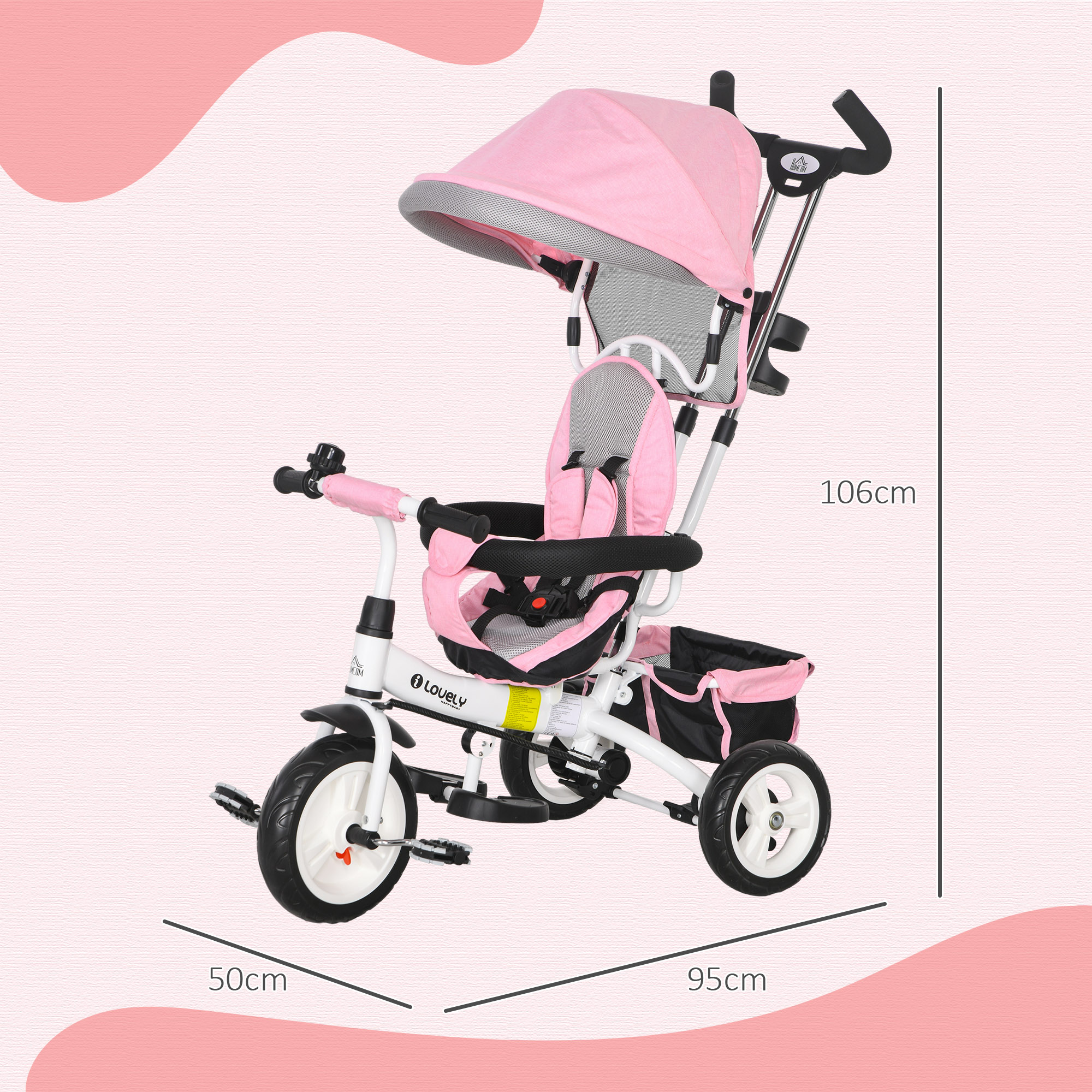 6 In 1 Kids Trike Push Bike W Handle, Canopy, 5-point Safety Belt, Storage — image 2