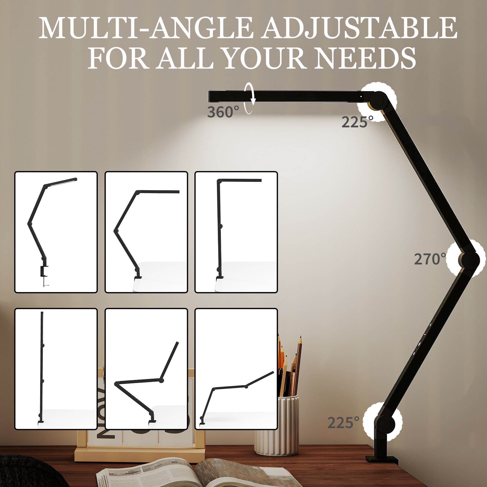 LED Desk Lamp, Dimmable Desk Light With Swing Arm And Clamp, Adjustable Eye-Caring Table Lamp With 2 Colour Modes & 5 Brightness Levels For Study, Drawing, Office, Architect, Task, Black — foto 2