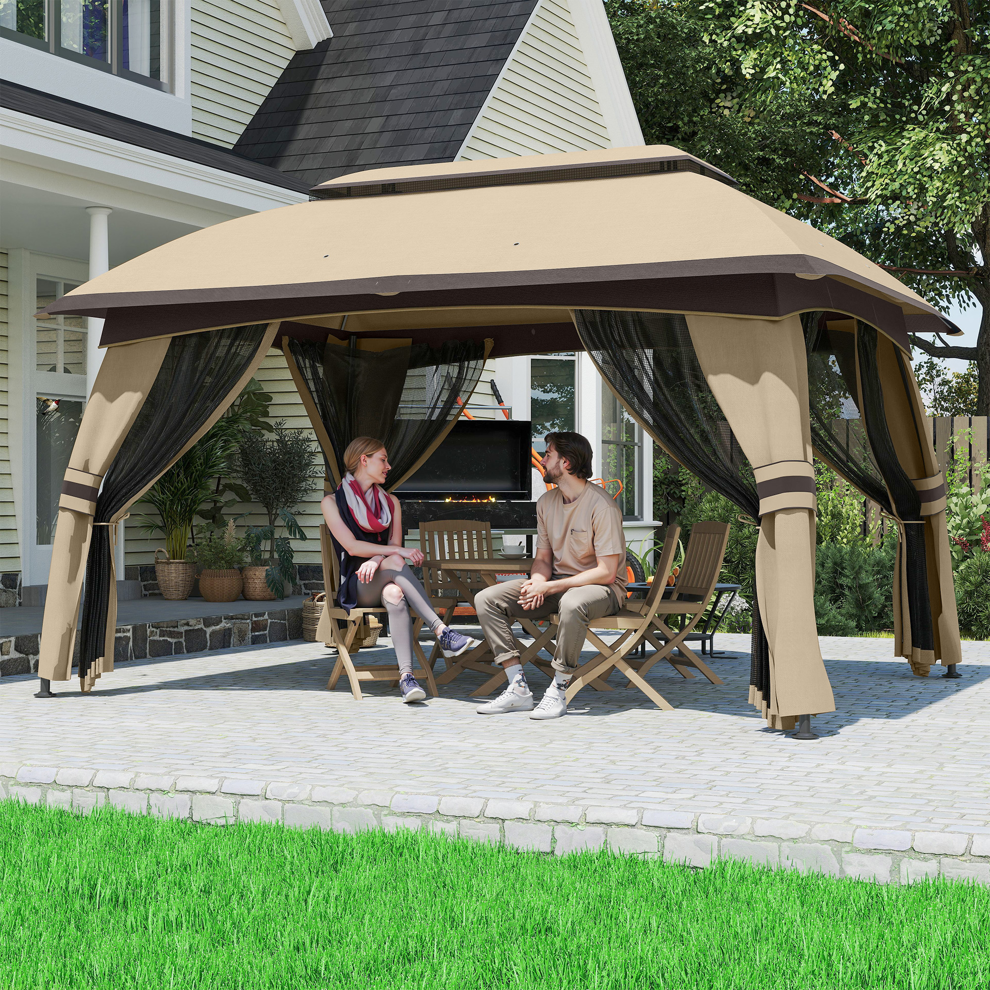 10 x 13 Patio Gazebo, Outdoor Gazebo Canopy Shelter with Netting, Vented Roof for Garden, Beige