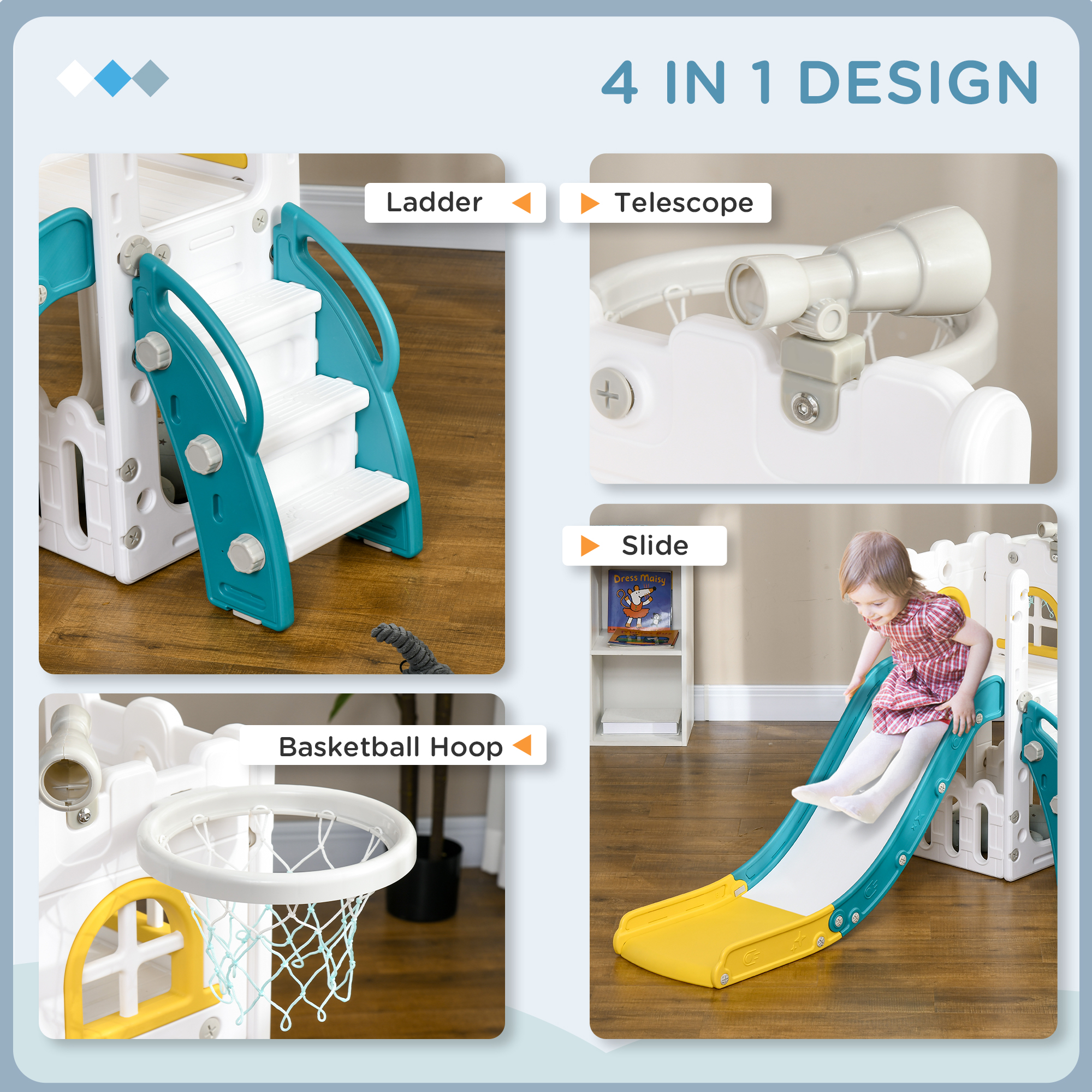 5 In 1 Toddler Slide With Basketball Hoop, Climber, Telescope, Storage Basket — image 2